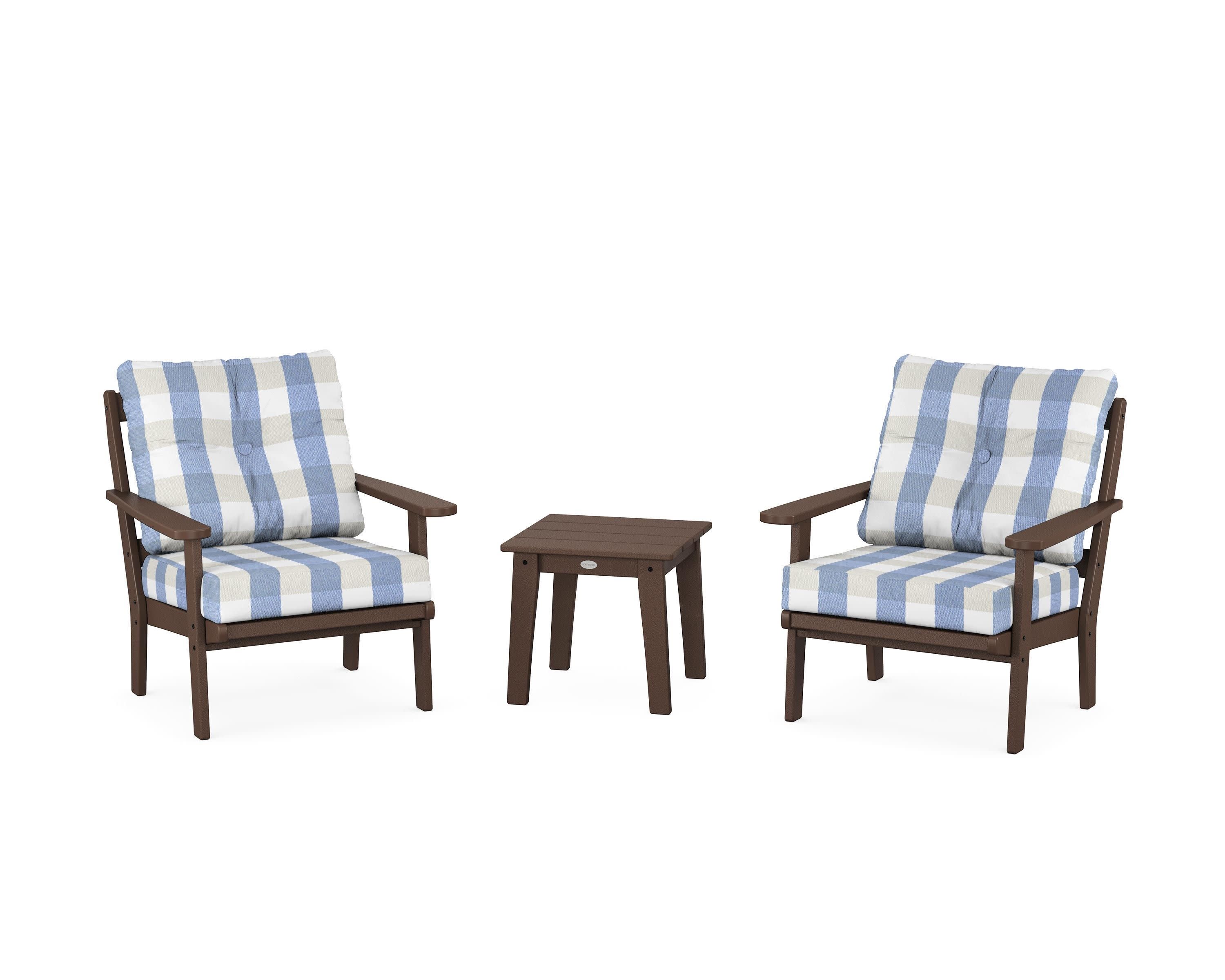Mission 3-Piece Deep Seating Set in Mahogany / Buffalo Plaid Sky Blue