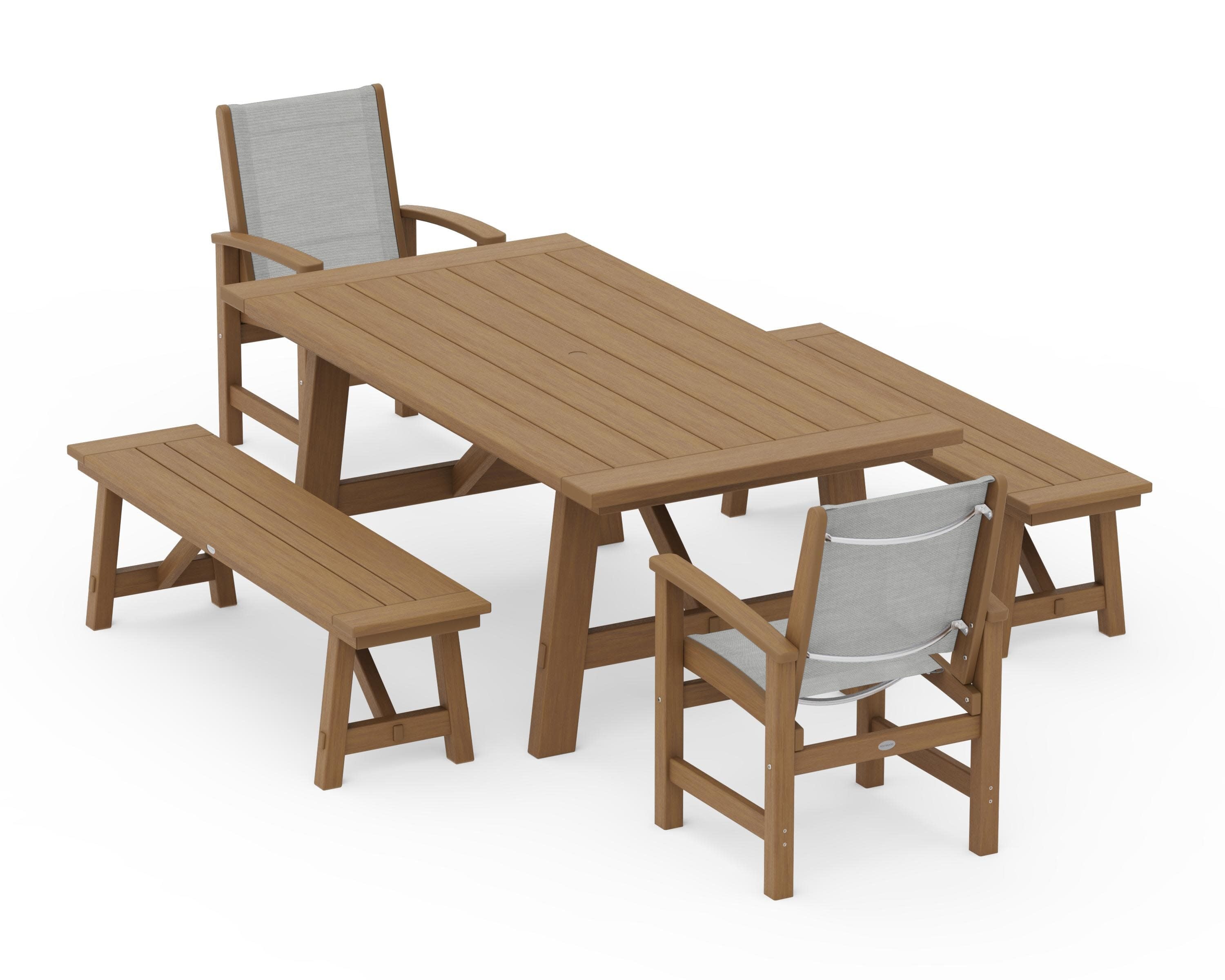 Coastal 5-Piece Rustic Farmhouse Dining Set With Benches in Natural / Metallic Sling