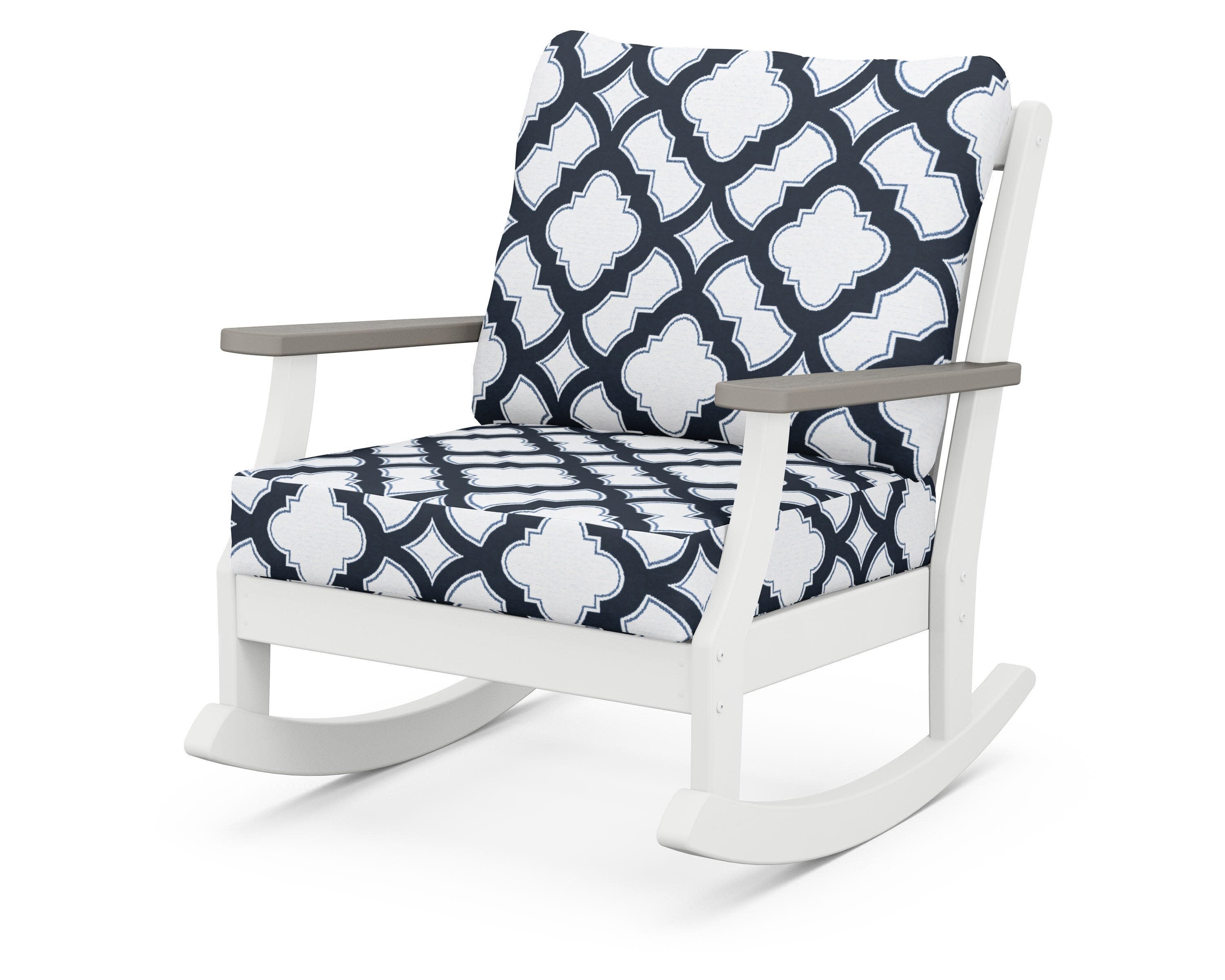 Braxton Deep Seating Rocking Chair in White / Driftwood / Trellis Marine Indigo
