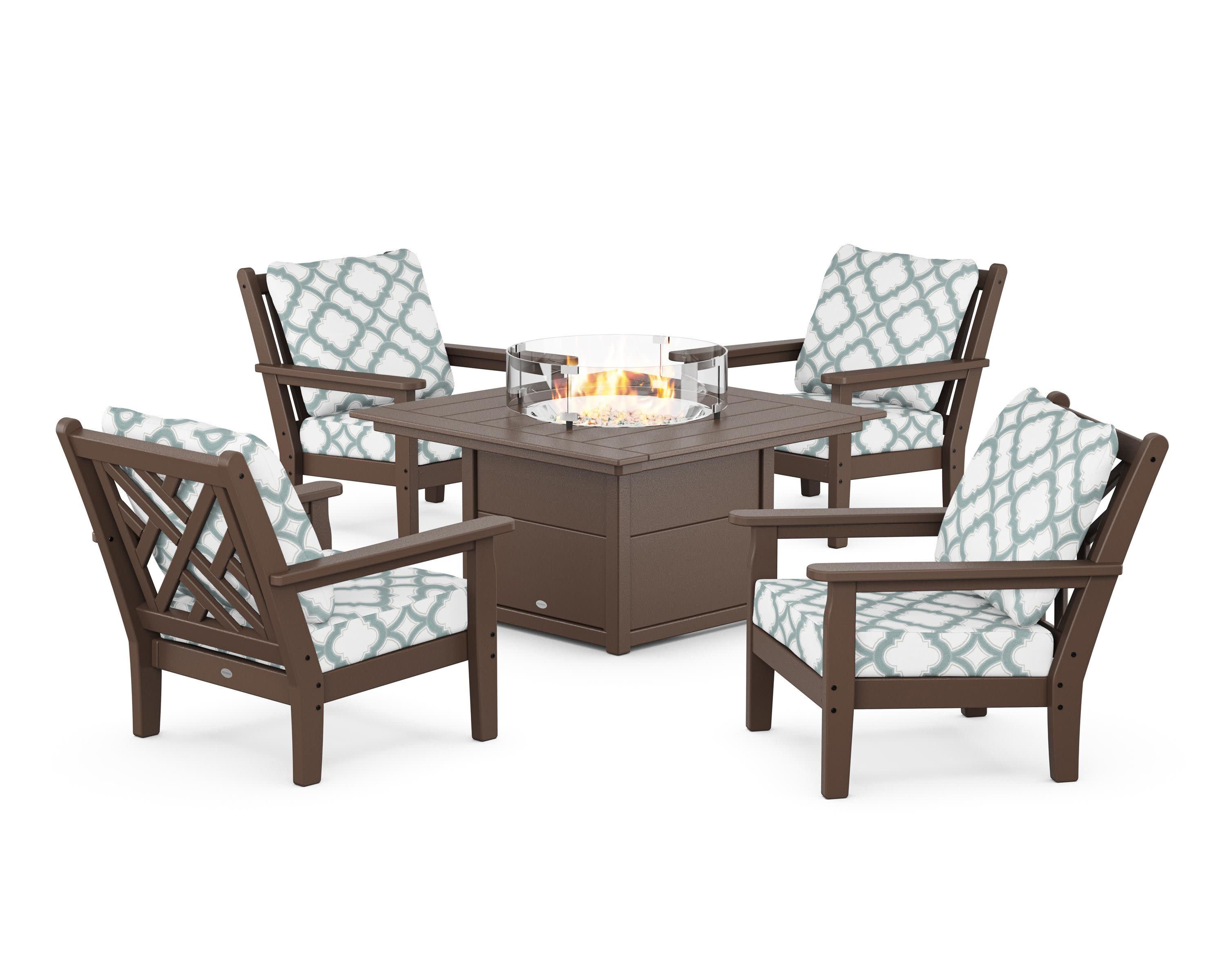 Chippendale 5-Piece Deep Seating Set with Fire Pit Table in Mahogany / Trellis Glacier Spa