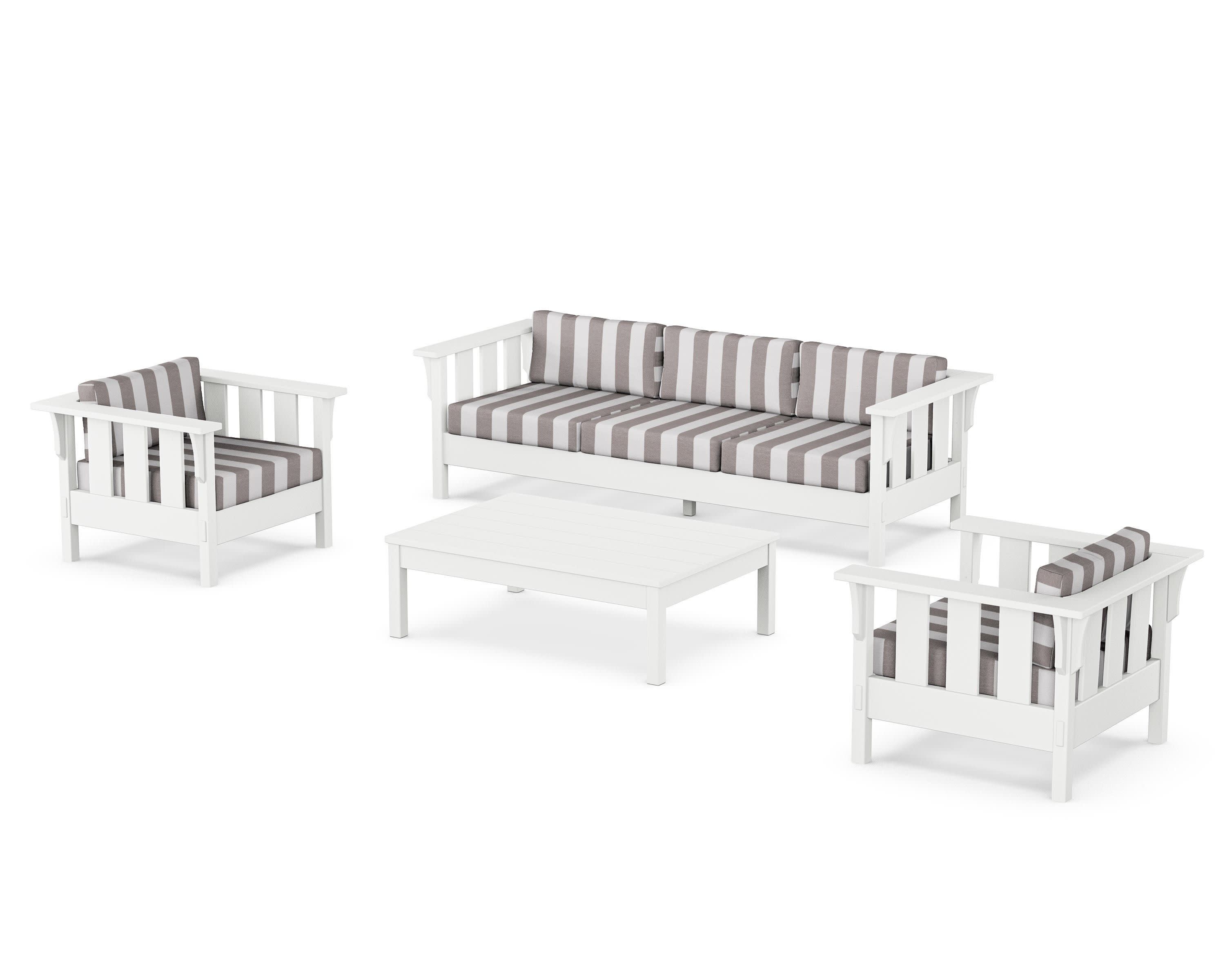 Acadia 4-Piece Deep Seating Set with Sofa in White / Cabana Stripe Grey Mist