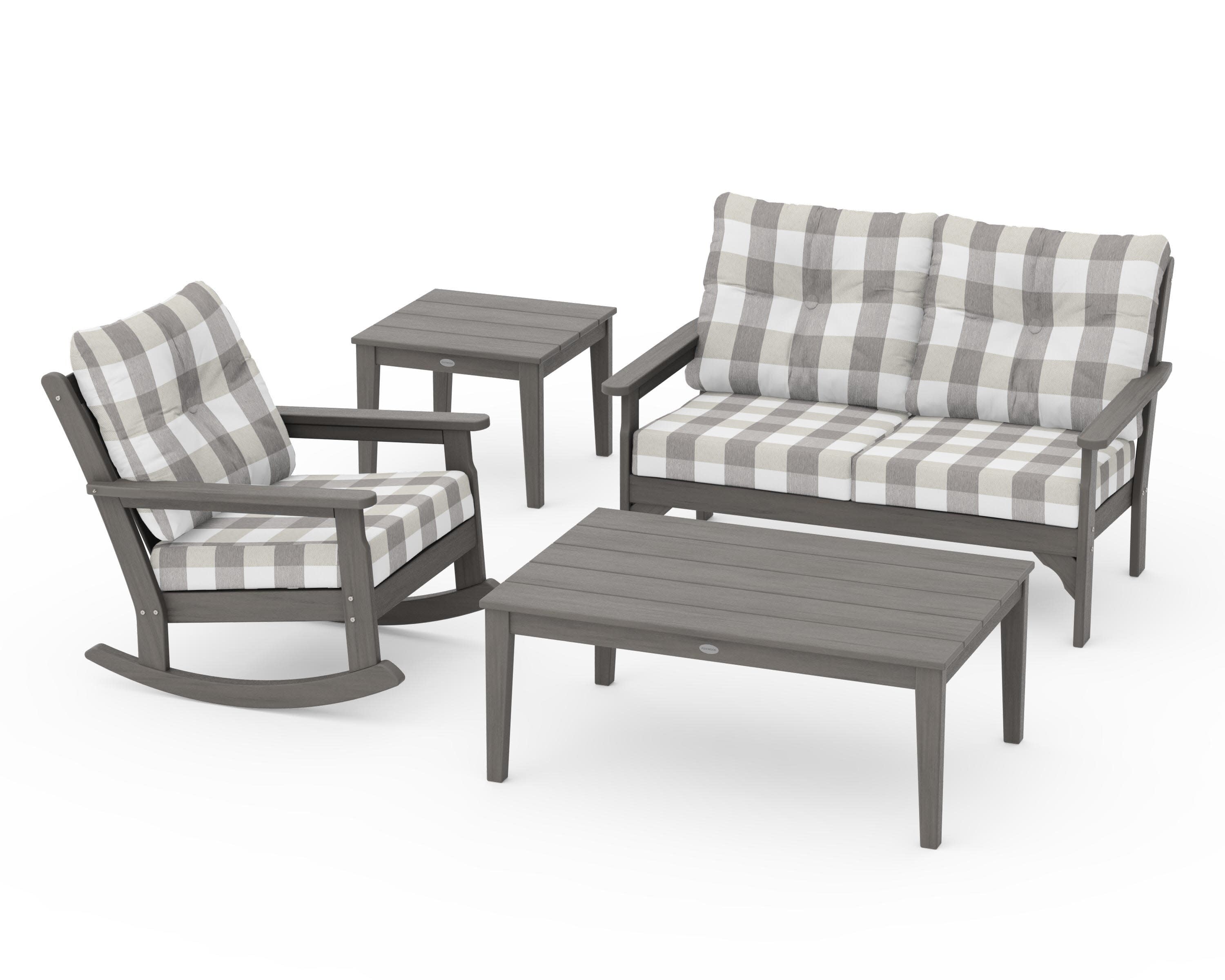 Vineyard 4-Piece Deep Seating Rocker Set in Driftwood / Buffalo Plaid Grey Mist