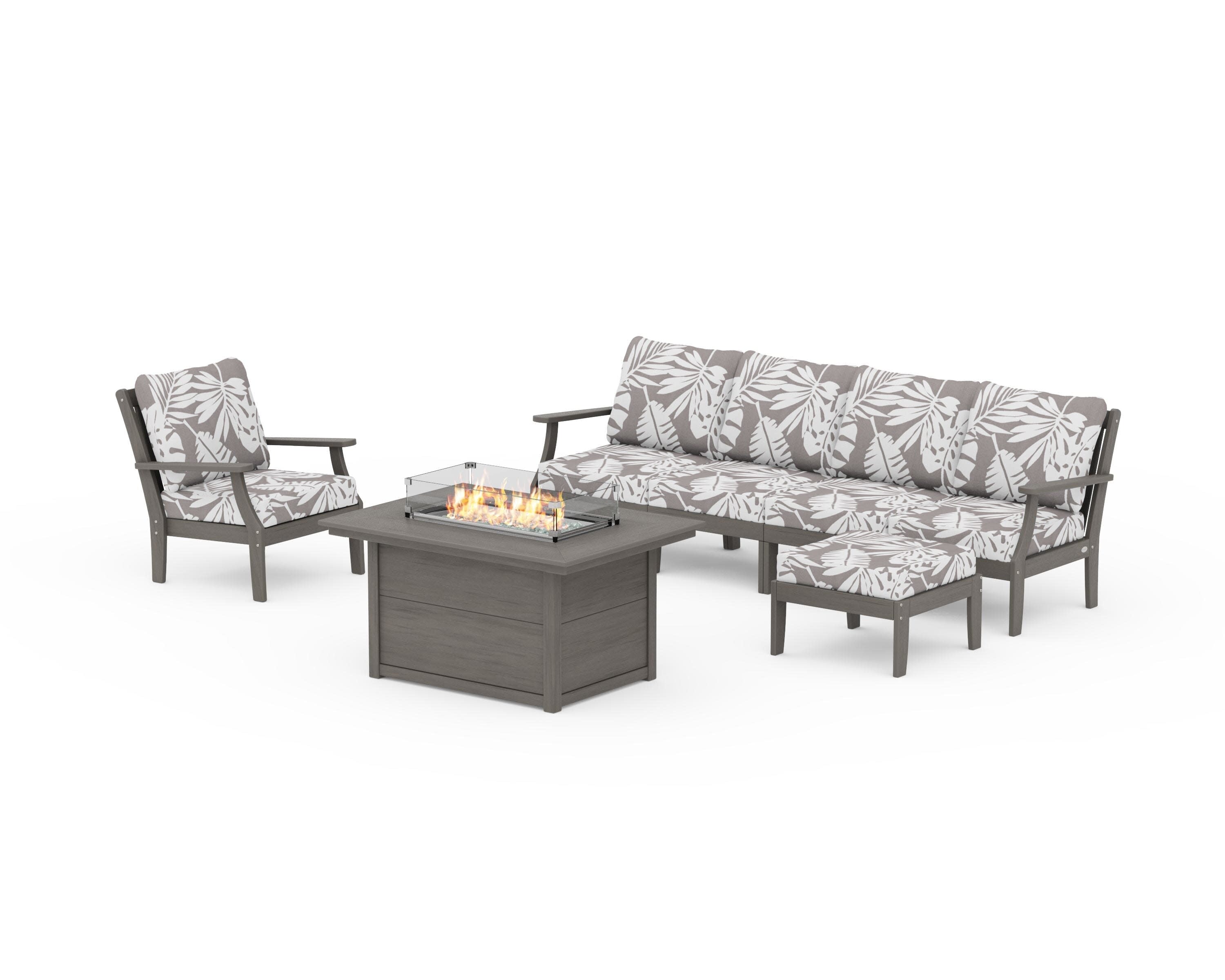 Braxton Sectional Lounge and Fire Pit Set in Driftwood / Leaf Grey Mist