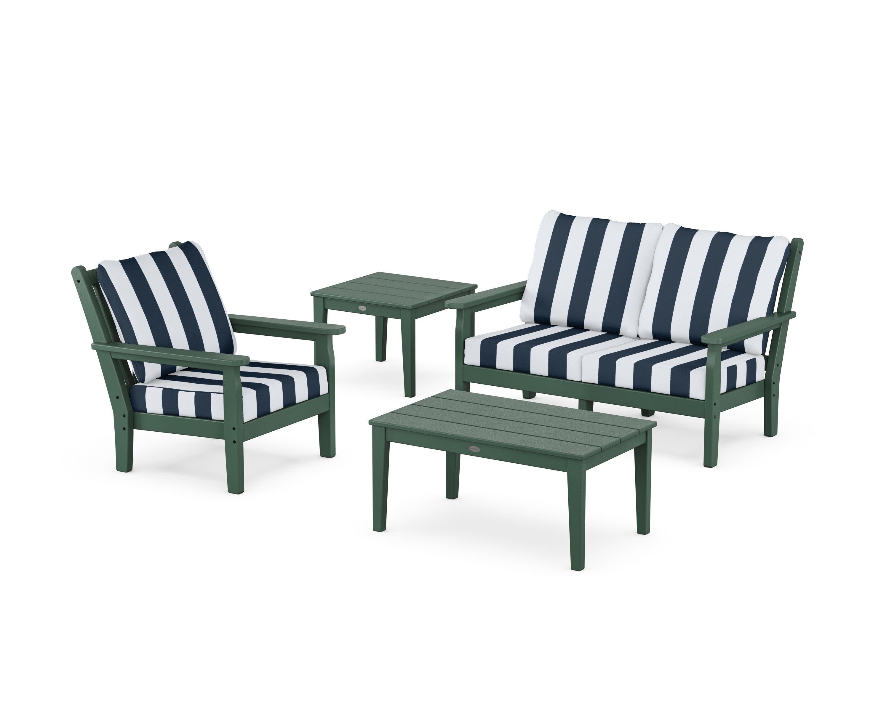 Chippendale 4-Piece Deep Seating Set in Green / Cabana Stripe Marine Indigo