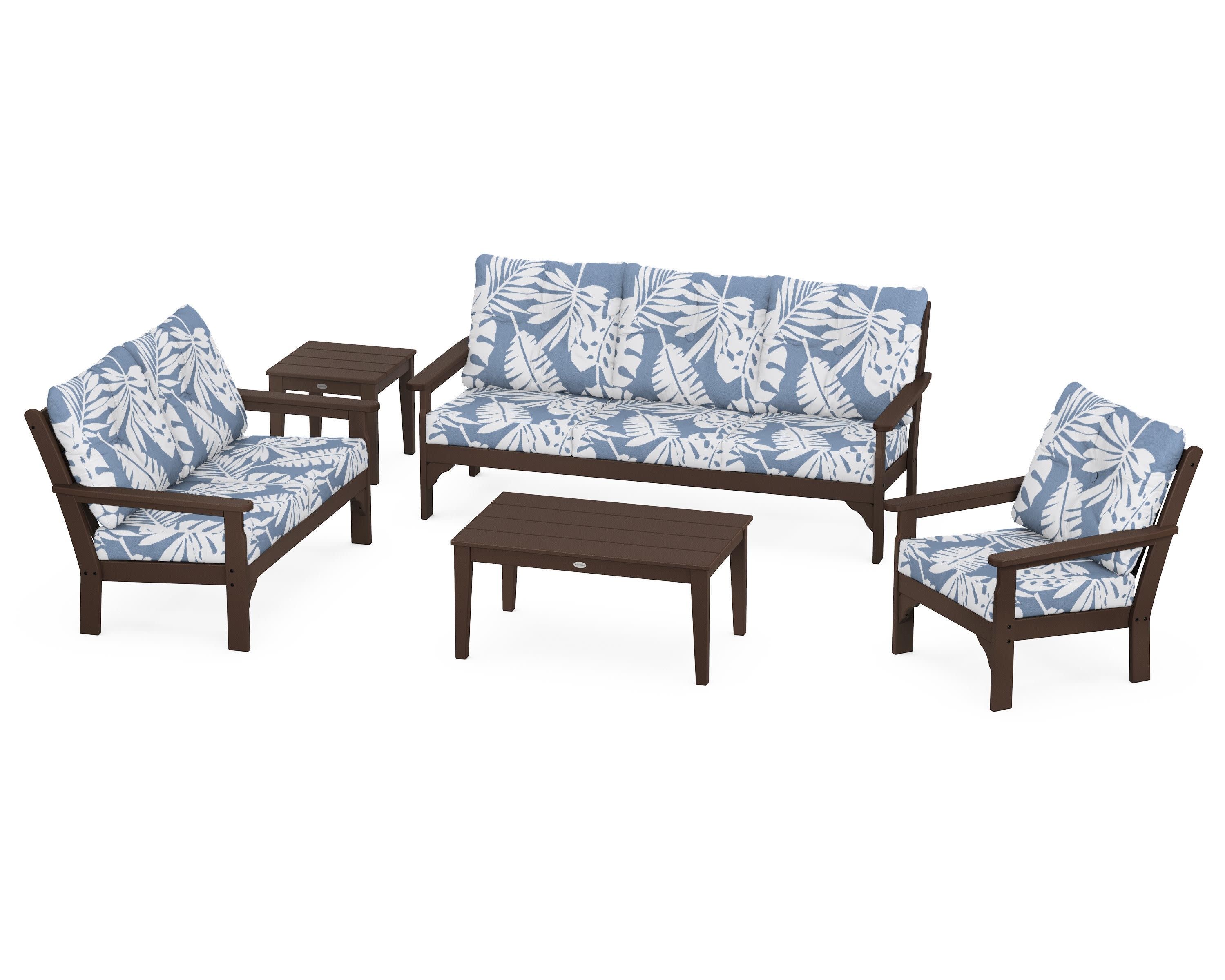 Vineyard 5 Piece Deep Seating Set in Mahogany / Leaf Sky Blue