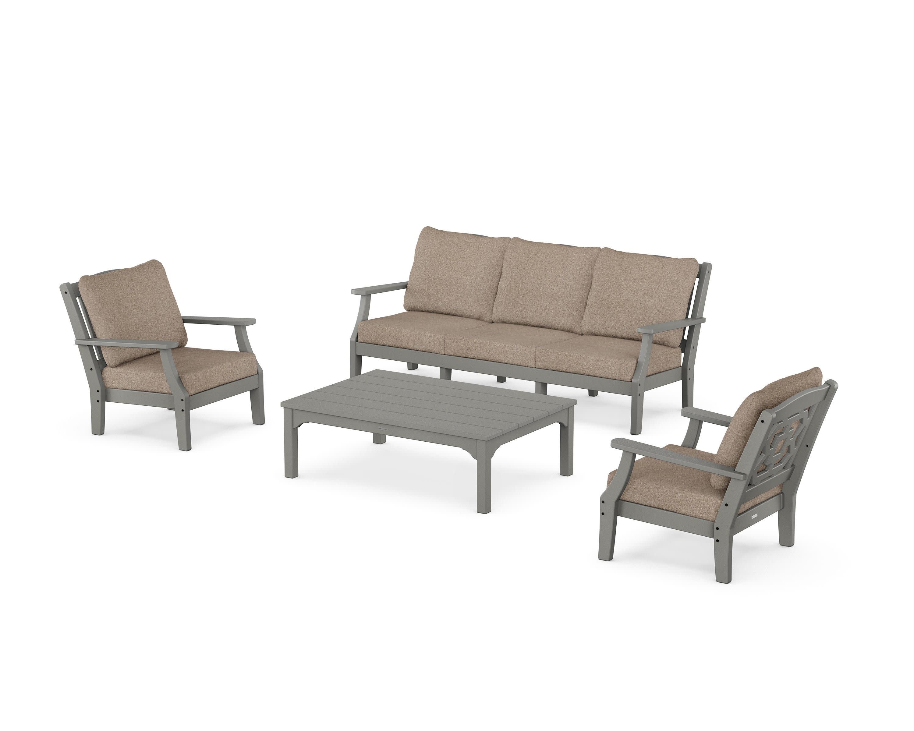 Chinoiserie 4-Piece Deep Seating Set with Sofa in Slate Grey / Spiced Burlap