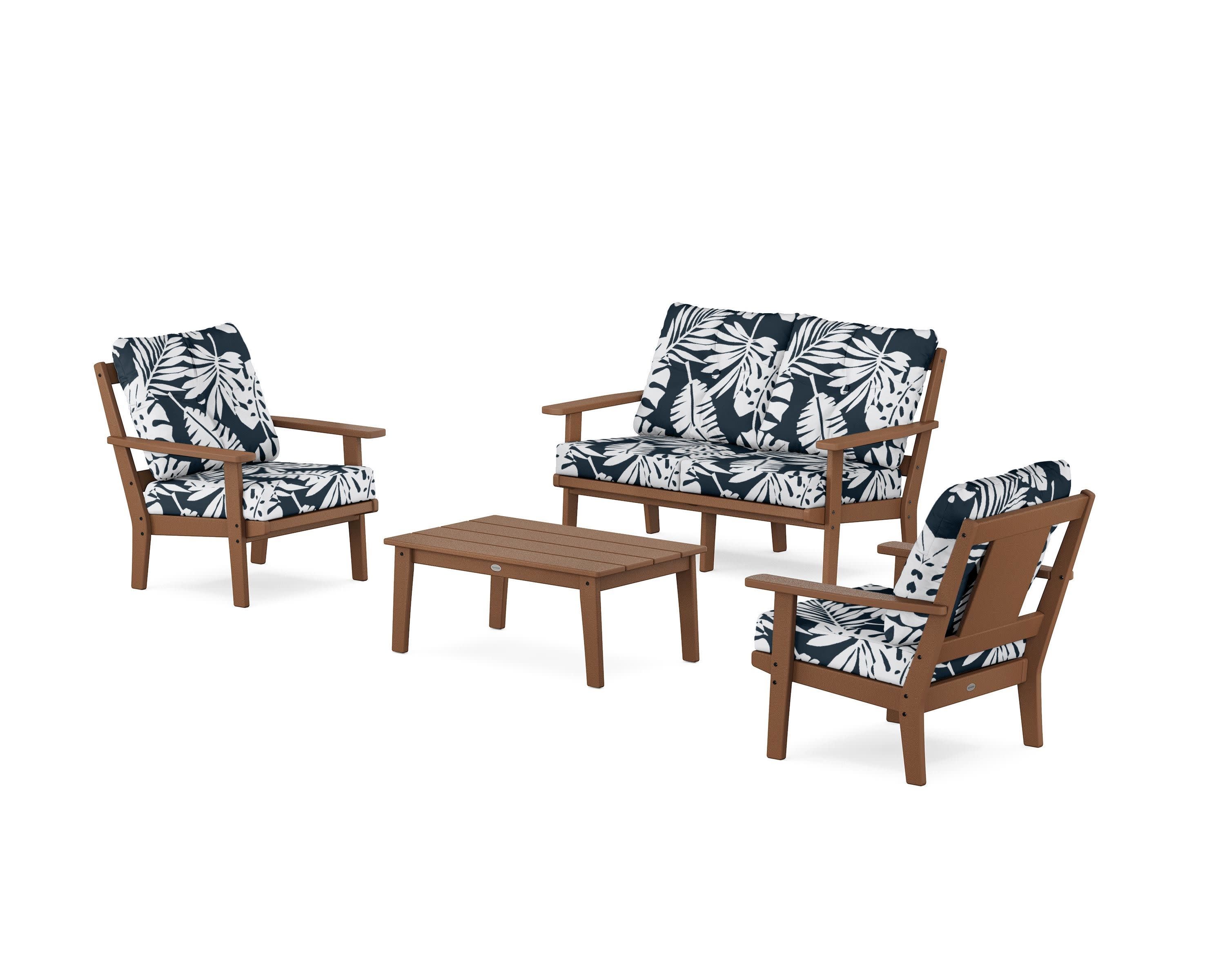 Prairie 4-Piece Deep Seating Set with Loveseat in Teak / Leaf Marine Indigo