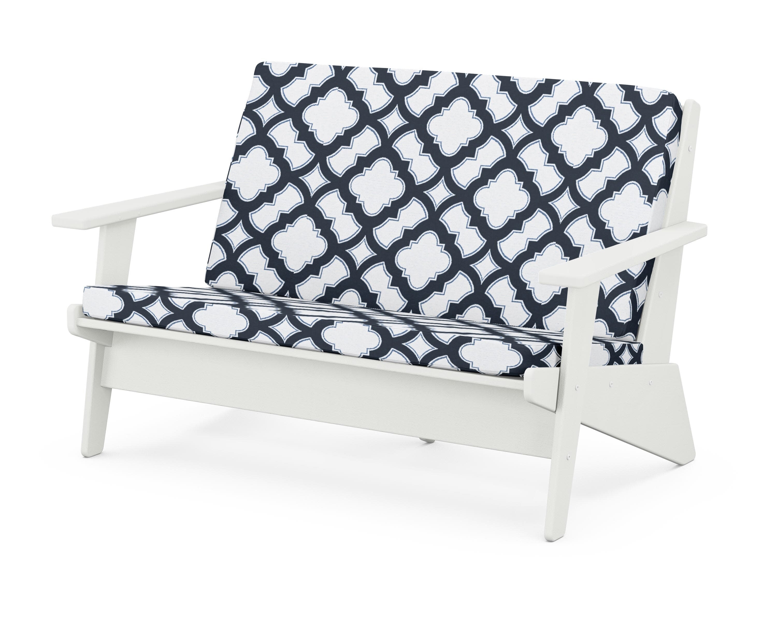 Riviera Modern Lounge Loveseat in Vintage White / Trellis Marine Indigo