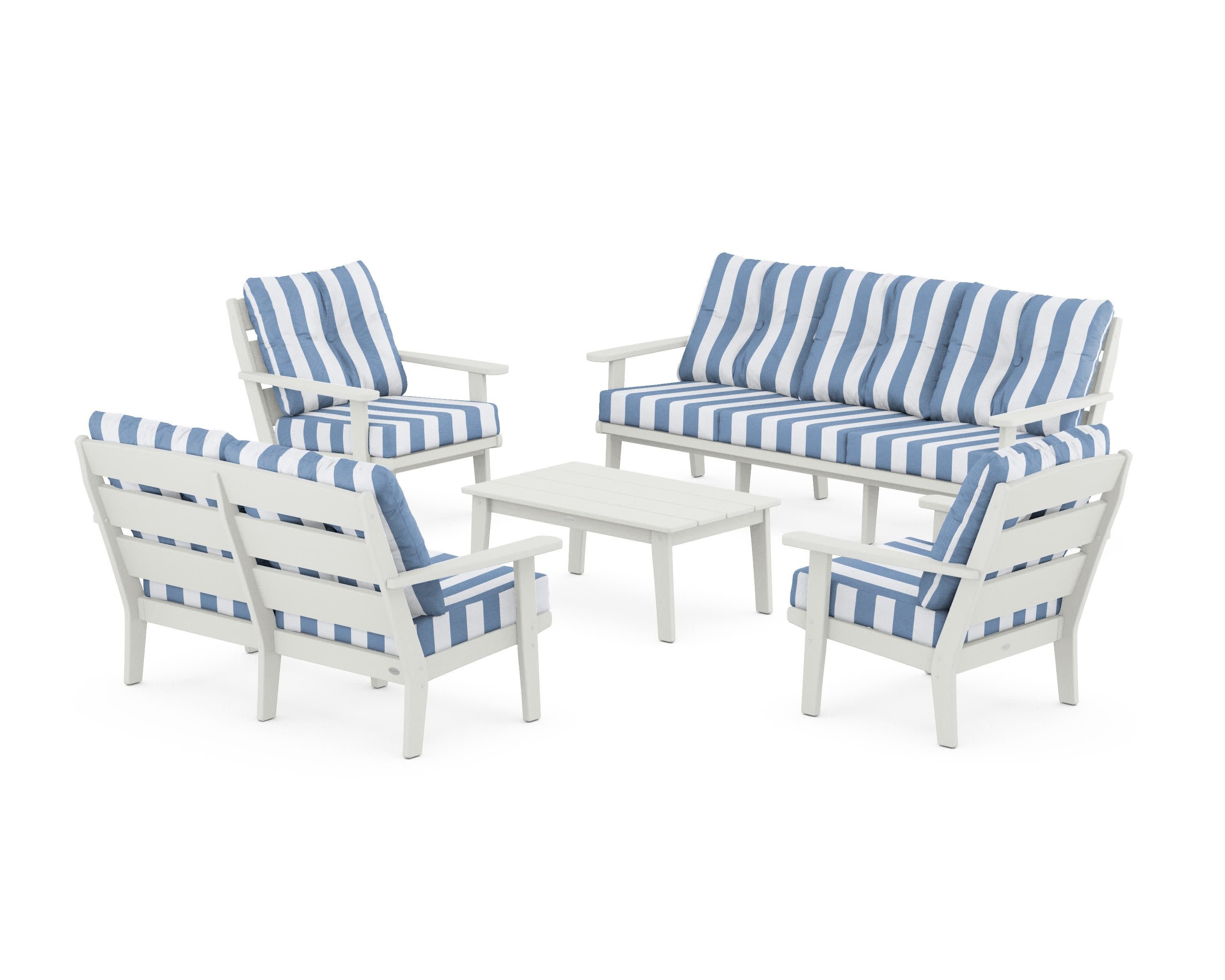 Lakeside 5-Piece Lounge Sofa Set in Vintage White / Cabana Stripe Sky Blue