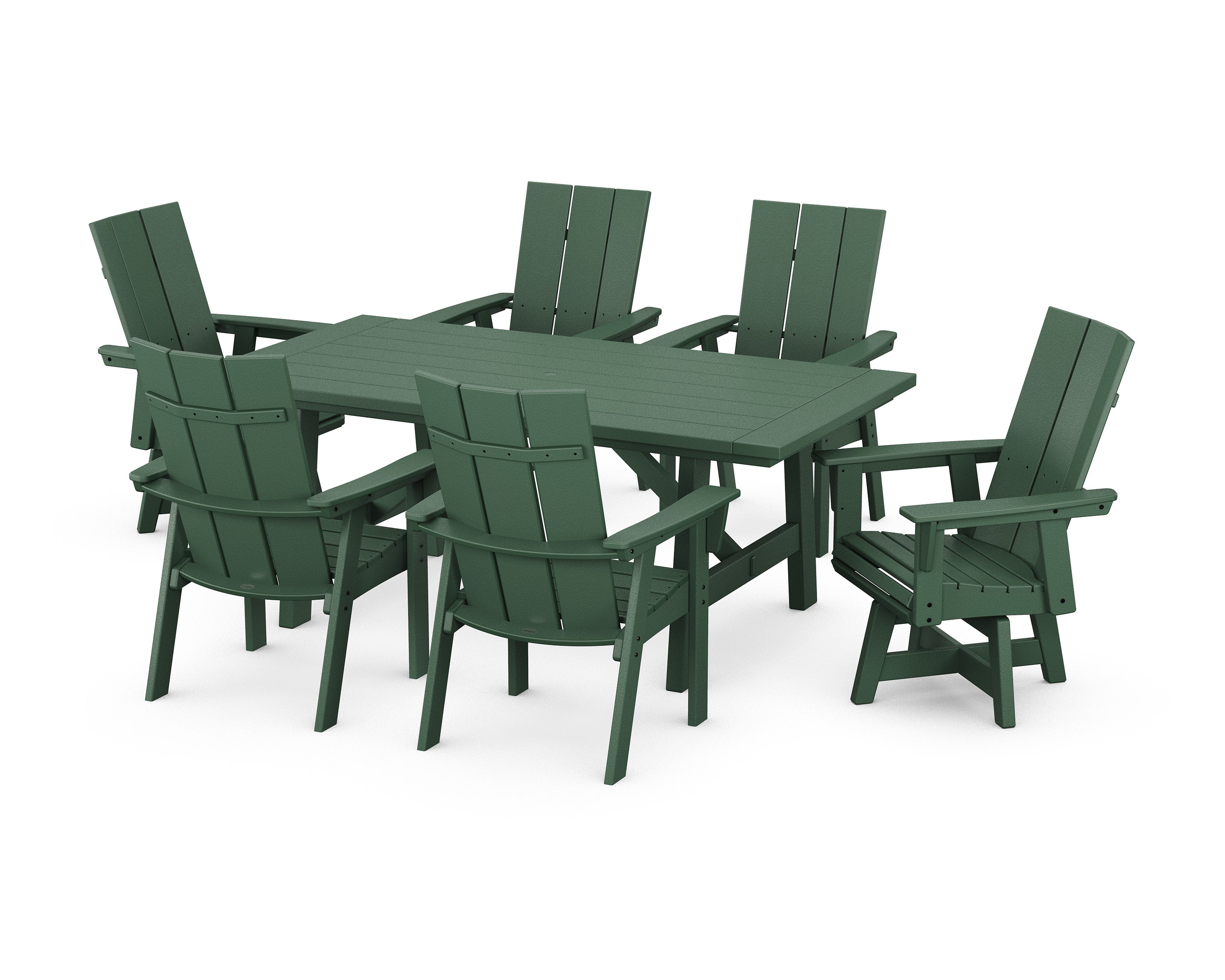 Modern Curveback Adirondack 7-Piece Rustic Farmhouse Swivel Dining Set in Green