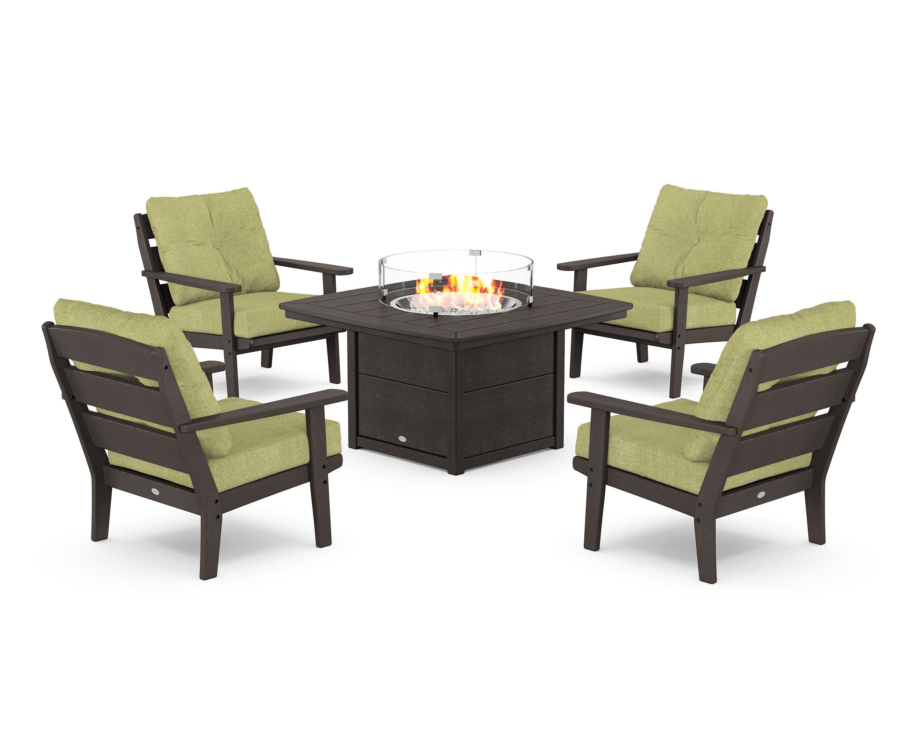Lakeside 5-Piece Deep Seating Set with Nautical Fire Pit Table in Vintage Coffee / Chartreuse Boucle