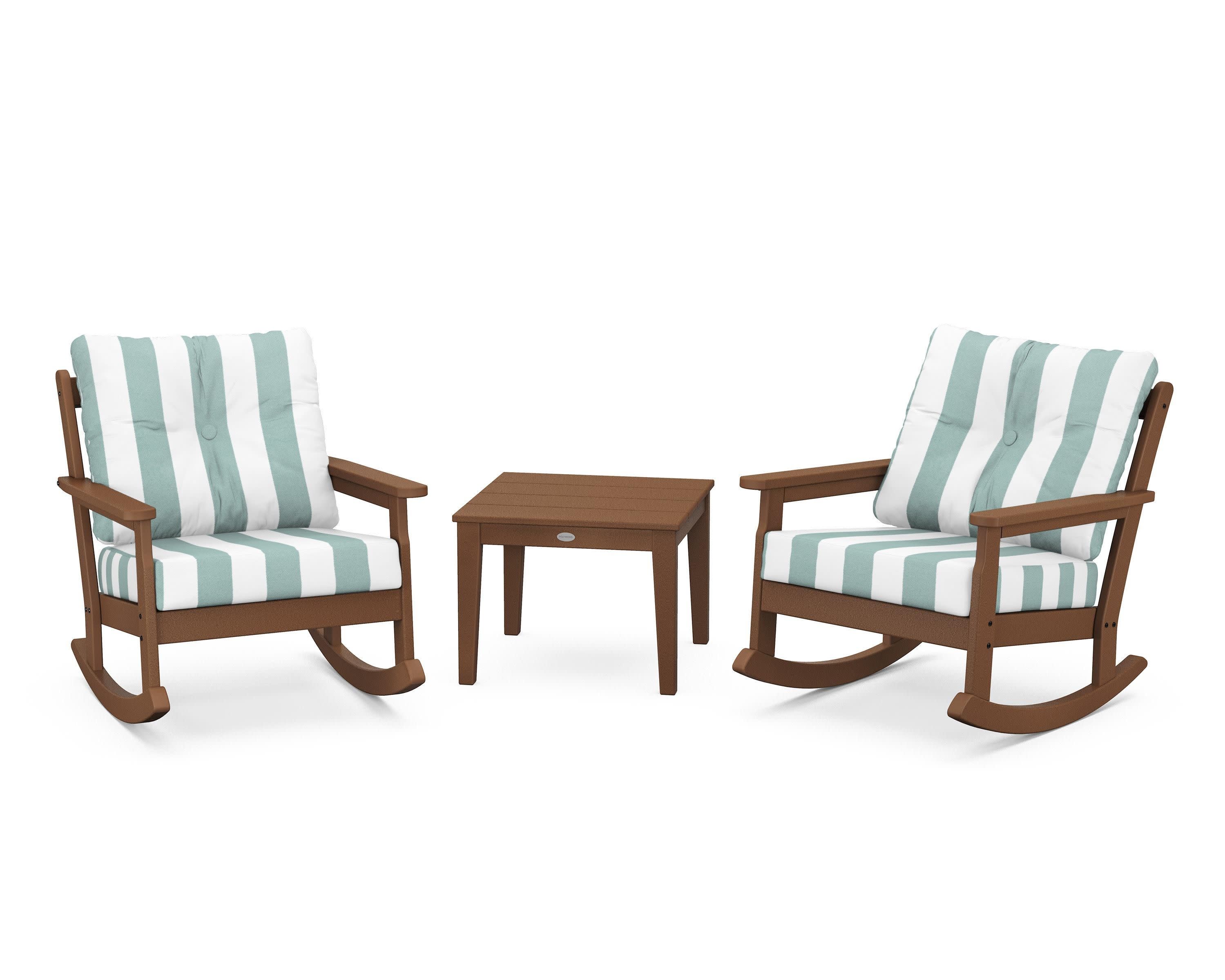 Vineyard 3-Piece Deep Seating Rocker Set in Teak / Cabana Stripe Glacier Spa
