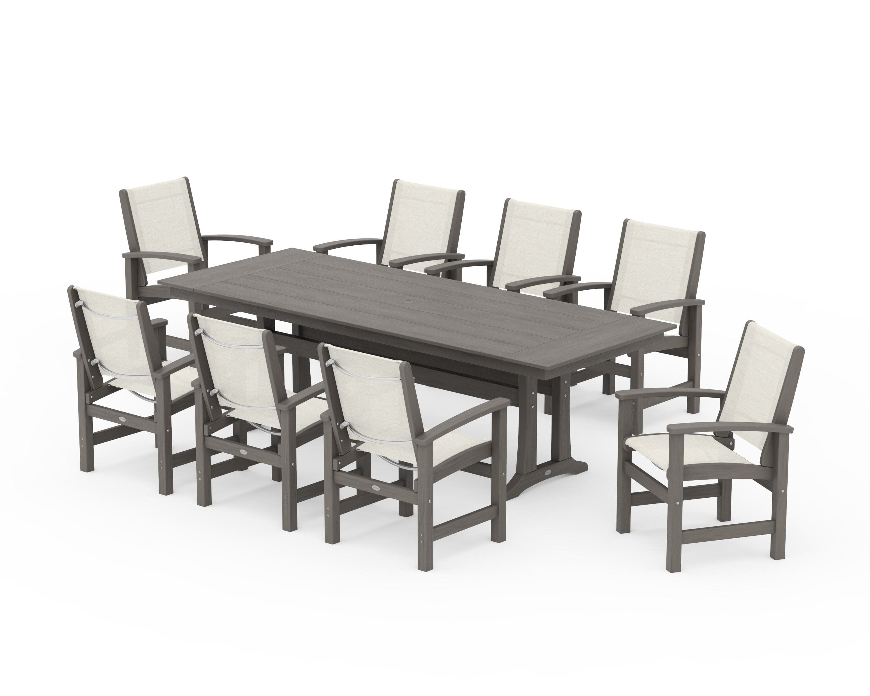 Coastal 9-Piece Farmhouse Dining Set with Trestle Legs in Driftwood / Parchment Sling