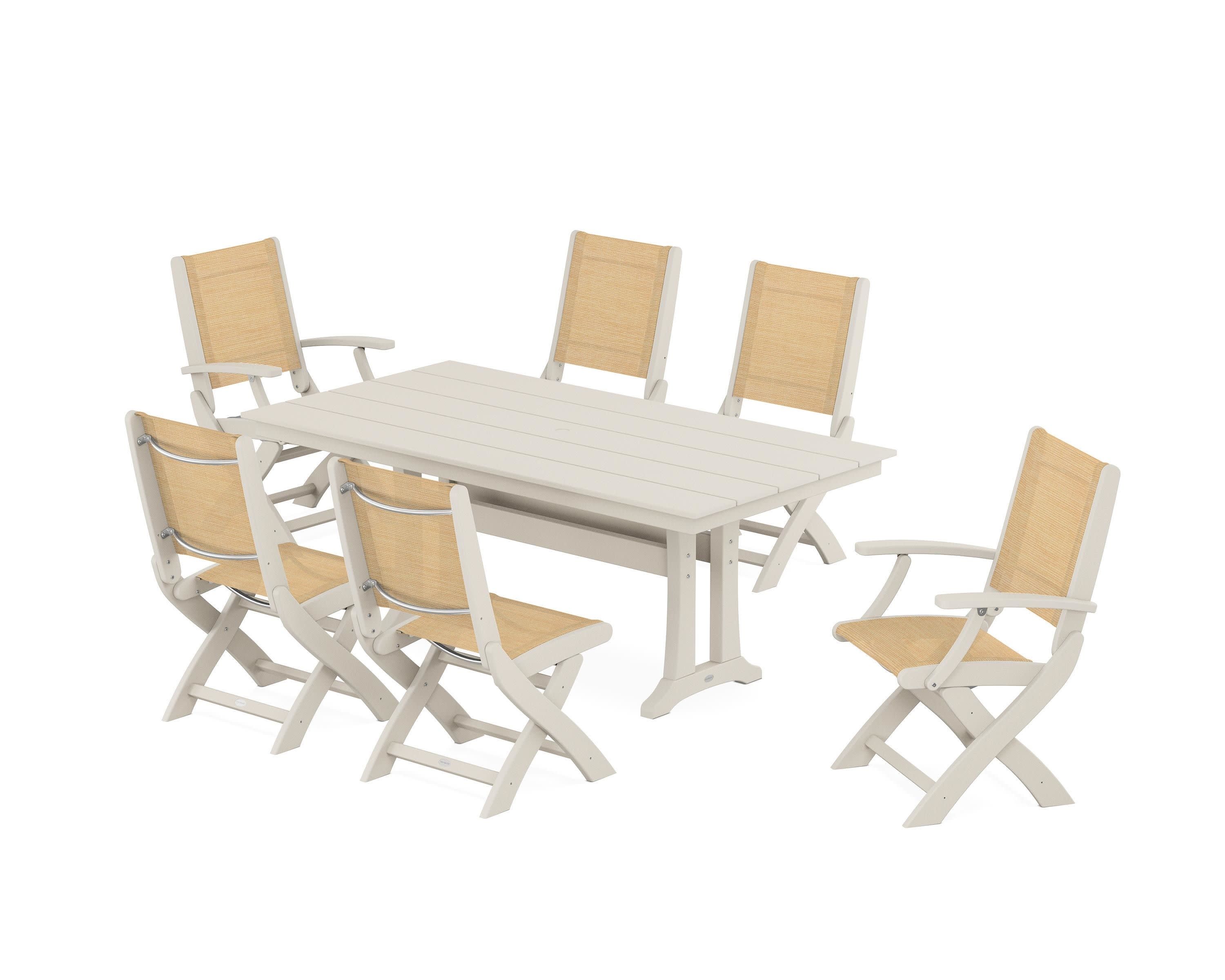 Coastal Folding Chair 7-Piece Farmhouse Dining Set with Trestle Legs in Sand / Dupioni Apricot Sling