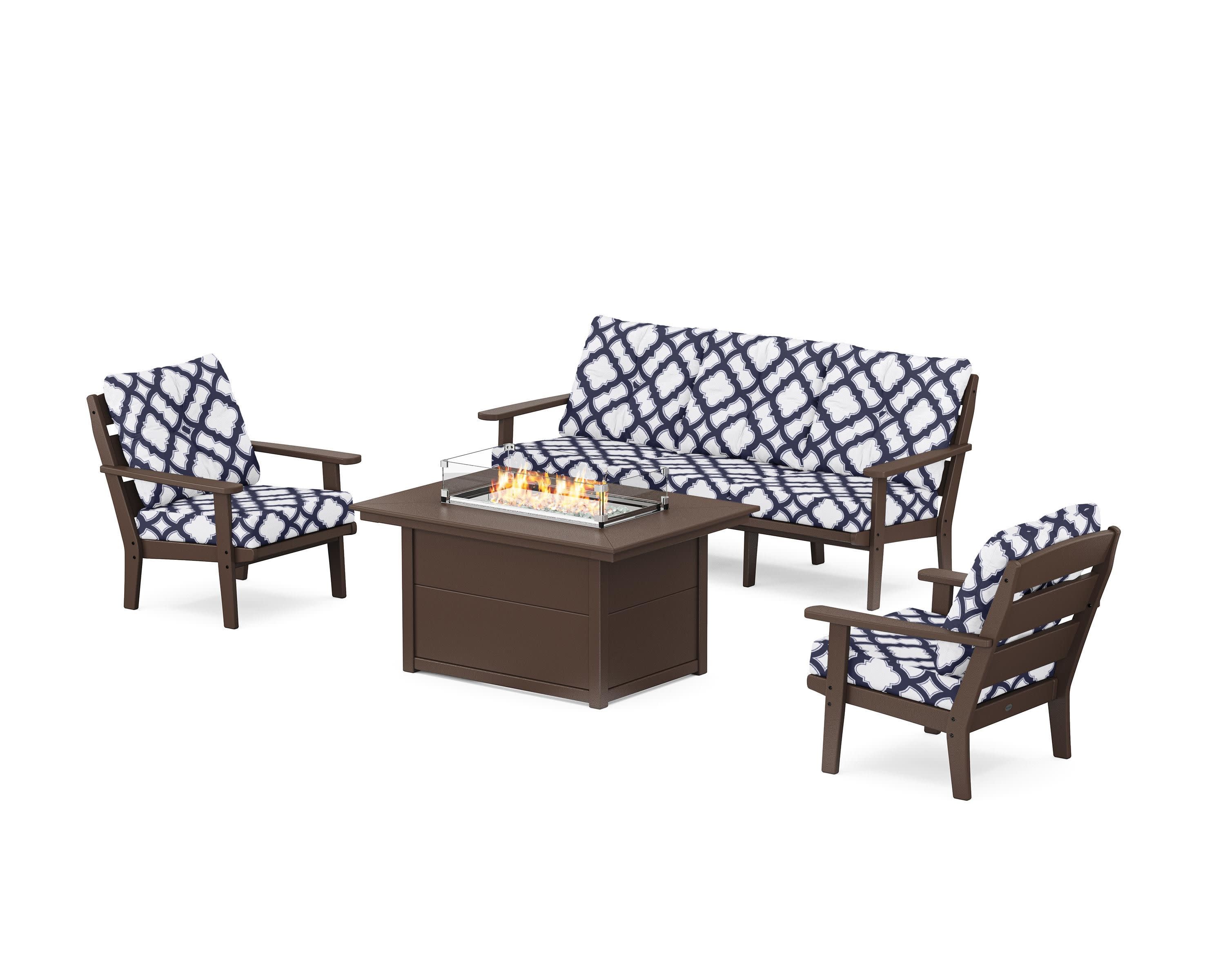 Lakeside Deep Seating Fire Pit Table Set in Mahogany / Trellis Navy