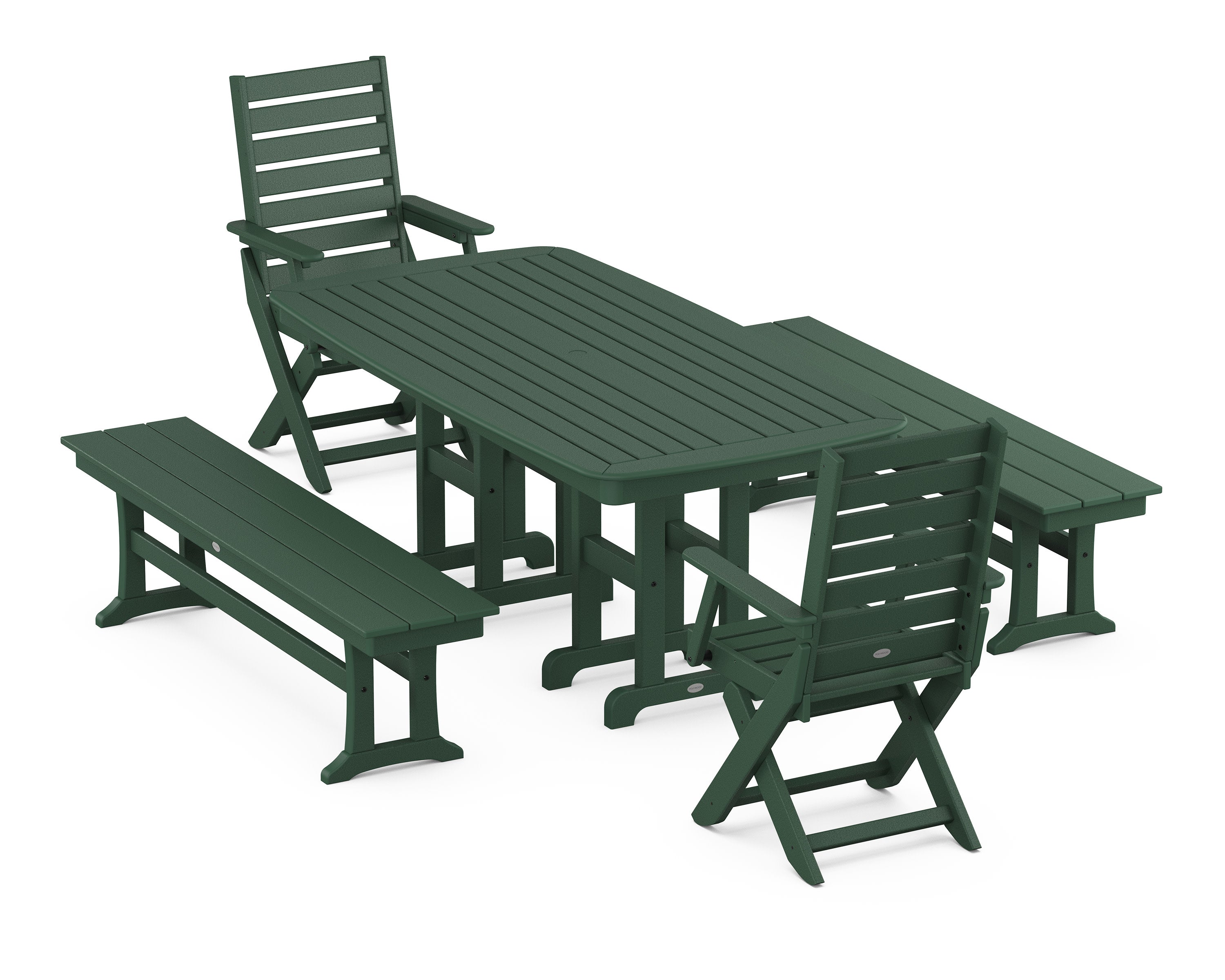 Captain Folding Chair 5-Piece Dining Set with Benches in Green