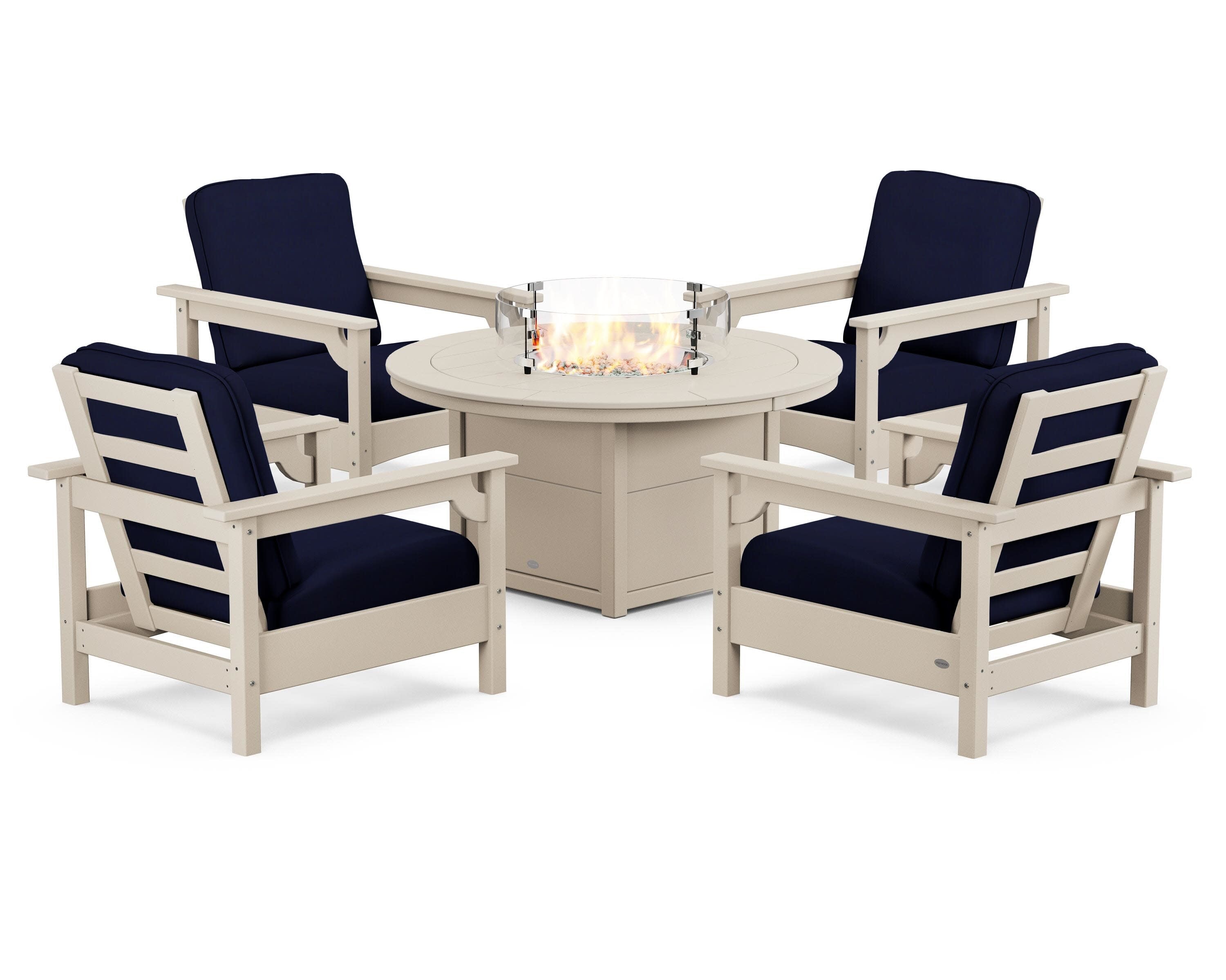 Club 5-Piece Conversation Set with Fire Pit Table in Sand / Navy