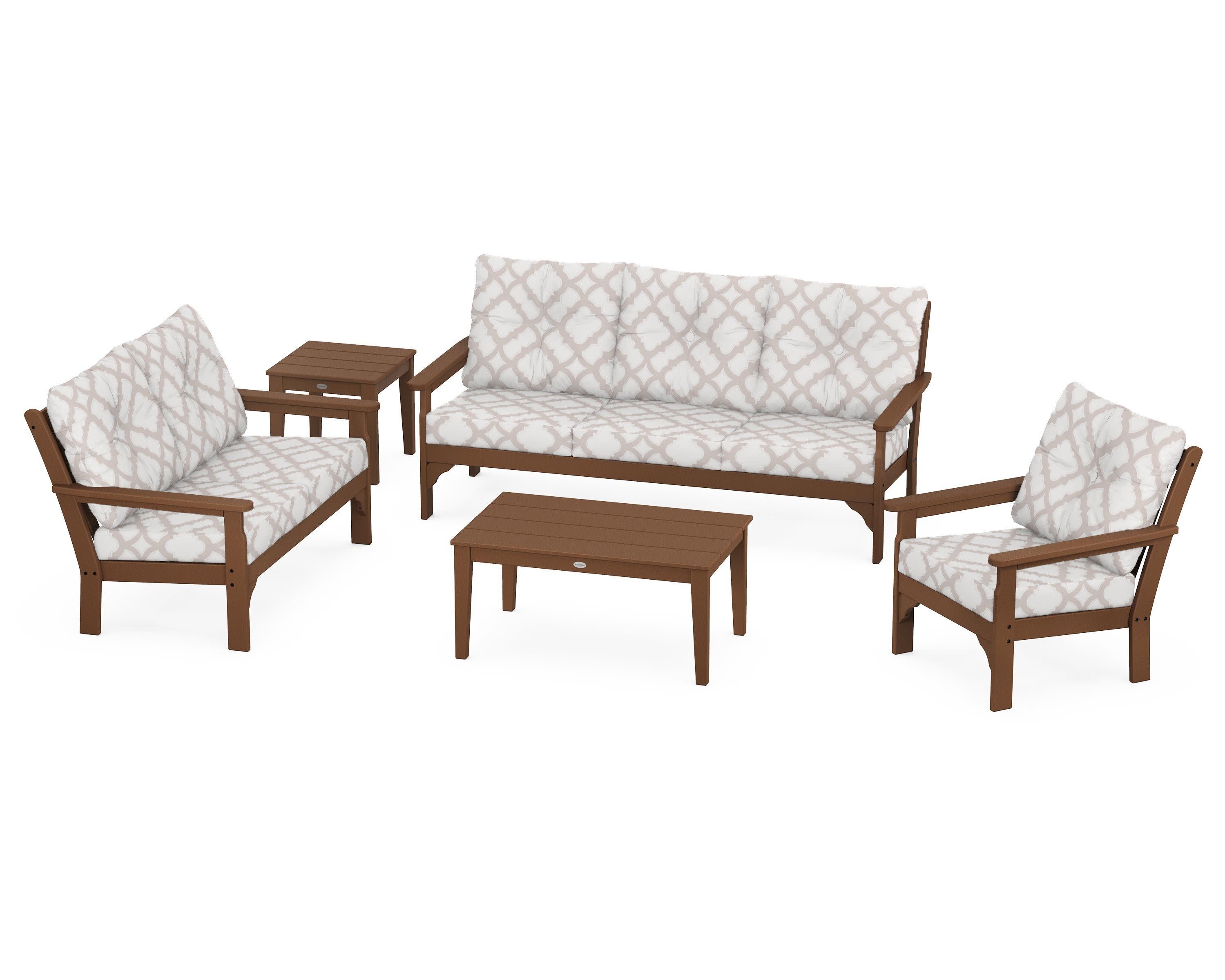 Vineyard 5 Piece Deep Seating Set in Teak / Trellis Dune Burlap