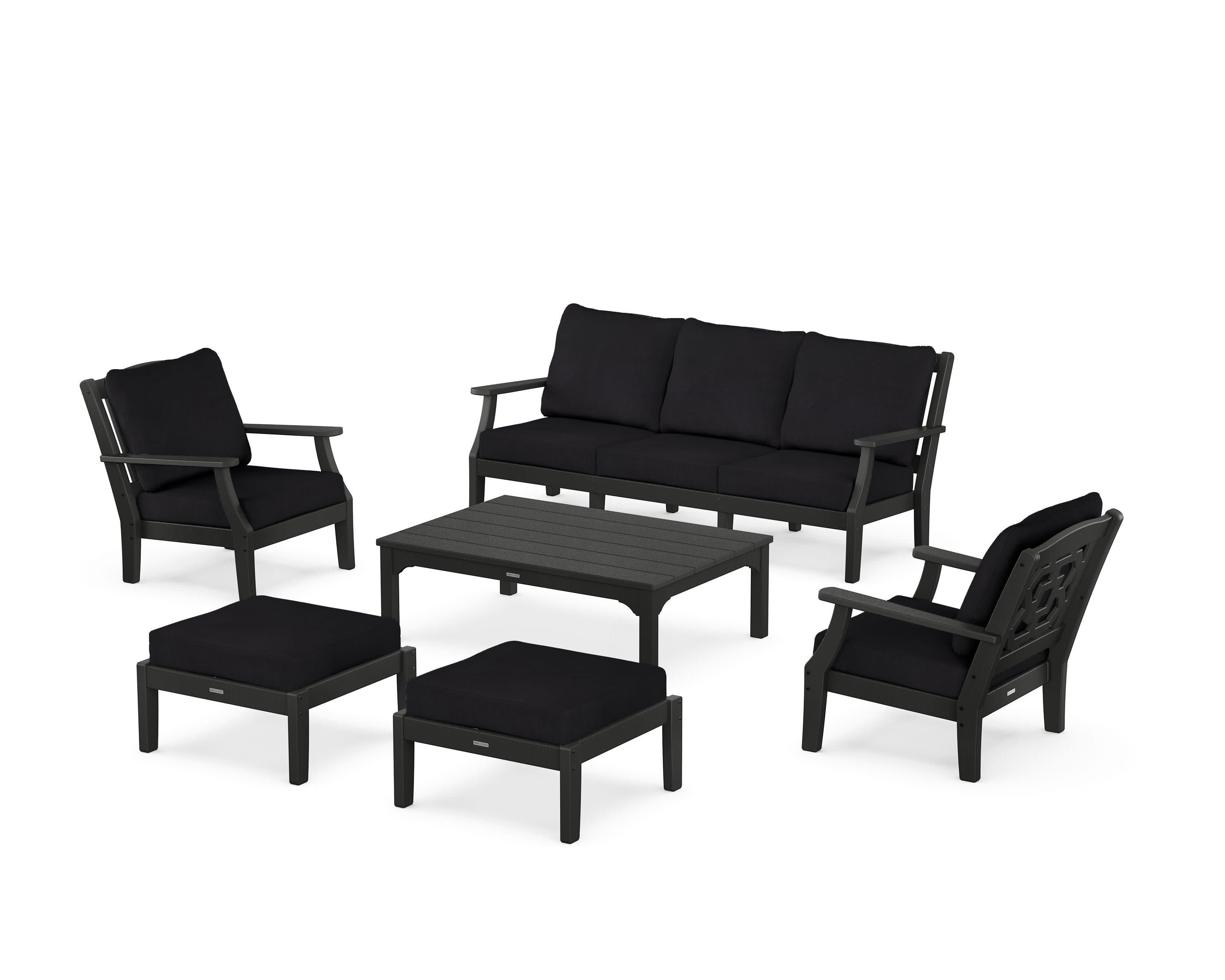 Chinoiserie 6-Piece Lounge Sofa Set in Black / Midnight Linen