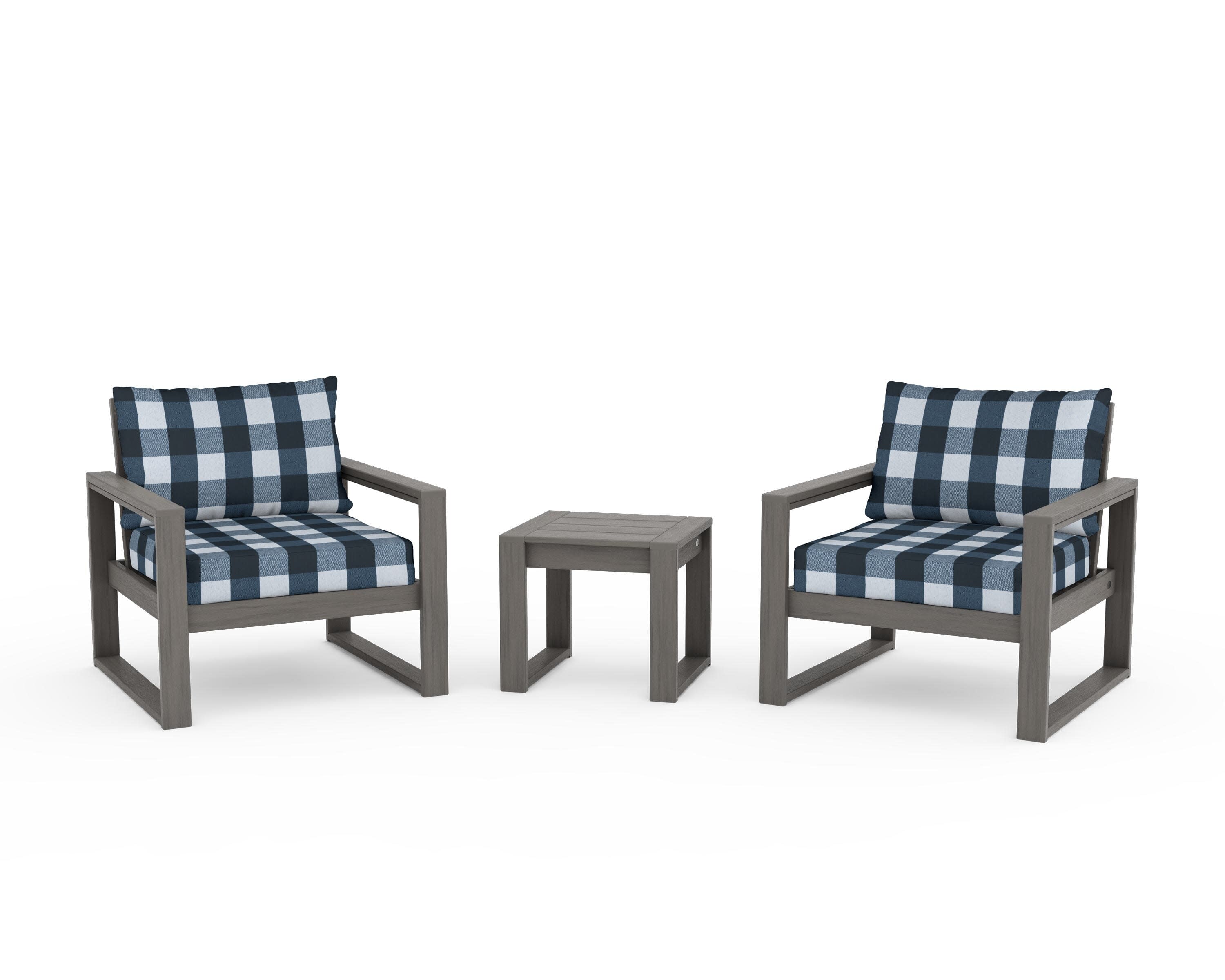 EDGE Sectional 3-Piece Deep Seating Set in Driftwood / Buffalo Plaid Marine Indigo