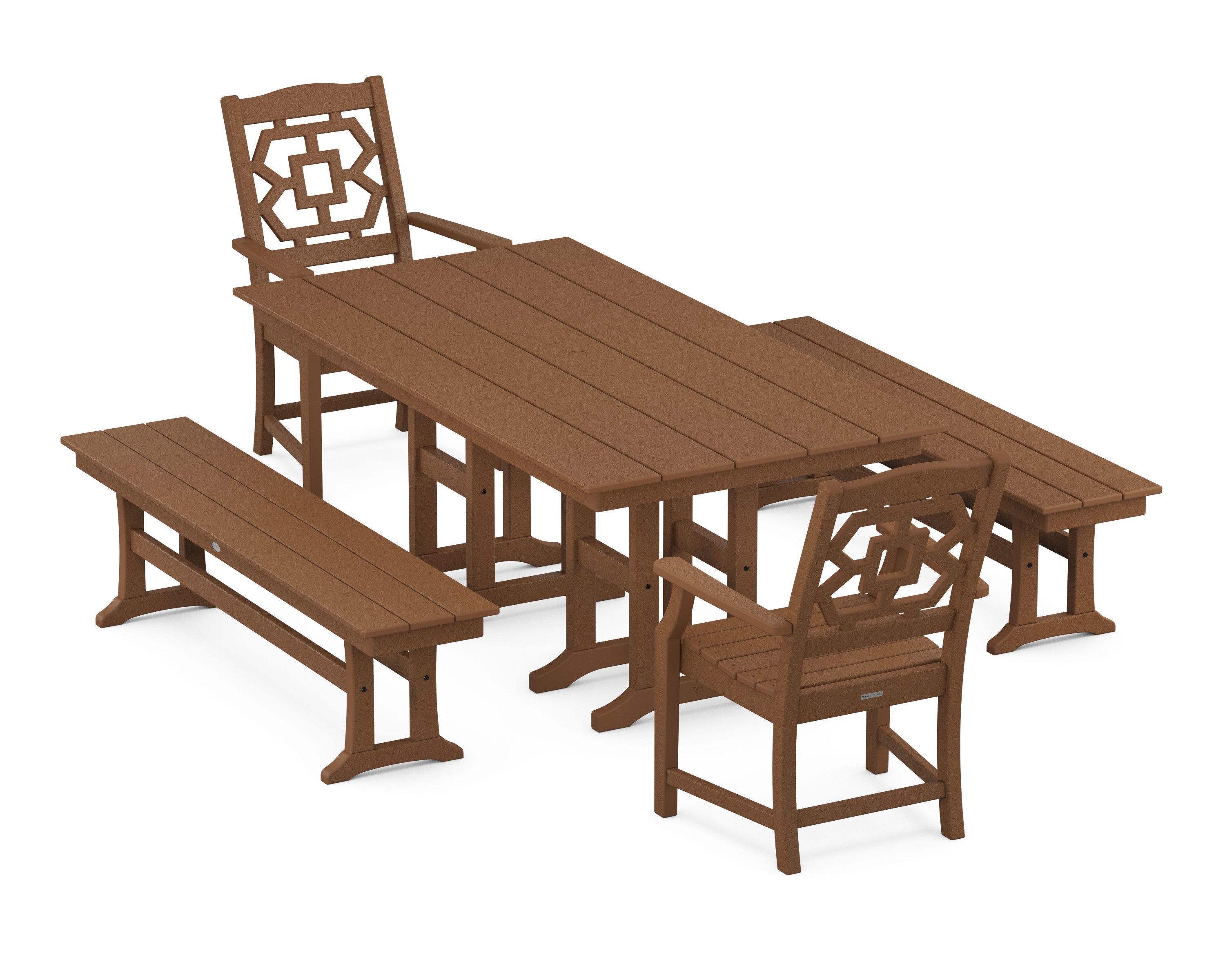 Chinoiserie 5-Piece Farmhouse Dining Set with Benches in Teak