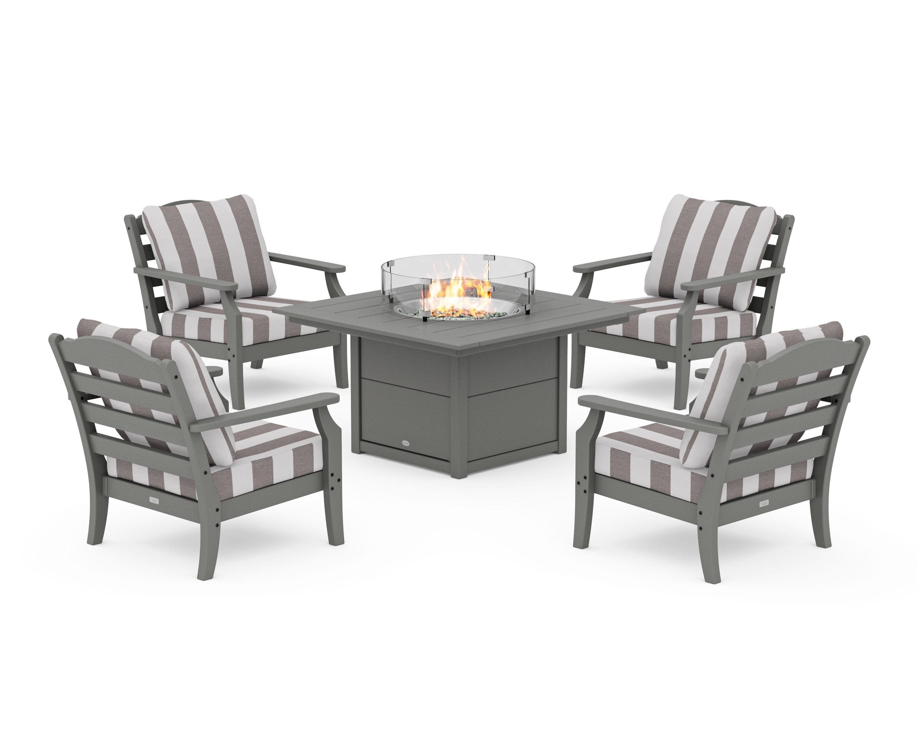 Savannah 5-Piece Deep Seating Set with Fire Pit Table in Slate Grey / Cabana Stripe Grey Mist