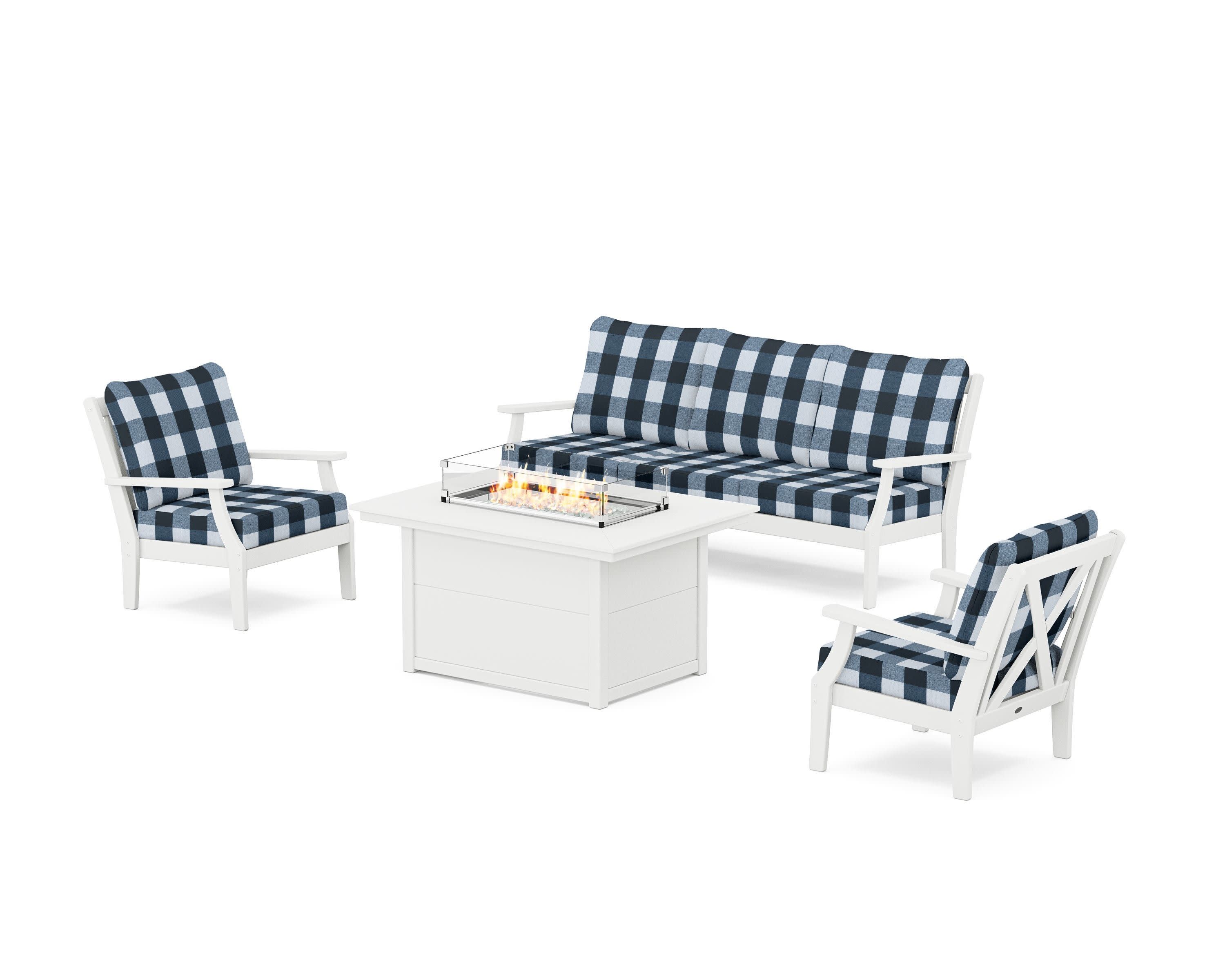 Braxton Deep Seating Fire Pit Table Set in White / Buffalo Plaid Marine Indigo