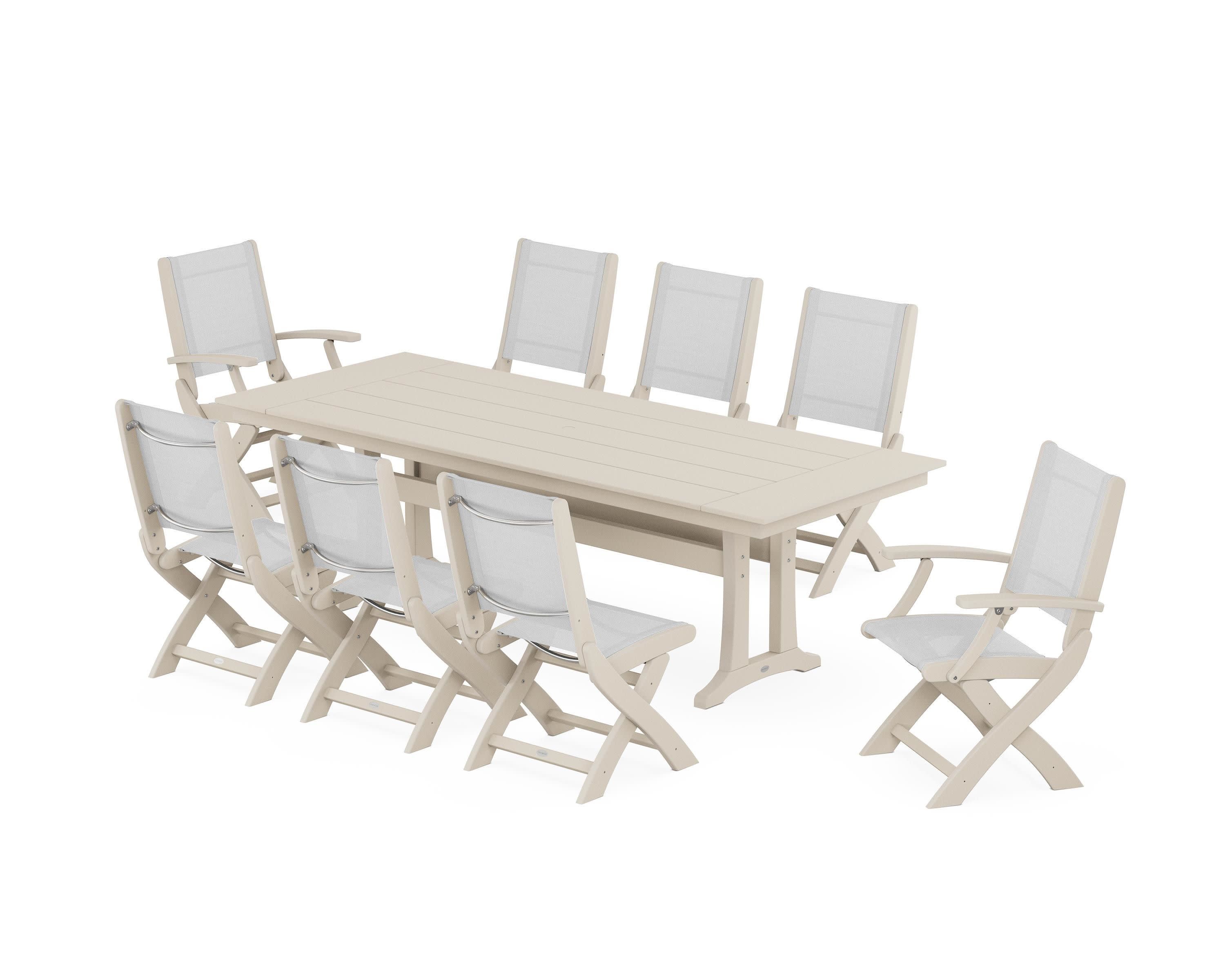 Coastal 9-Piece Folding Dining Chair Farmhouse Dining Set with Trestle Legs in Sand / White Sling