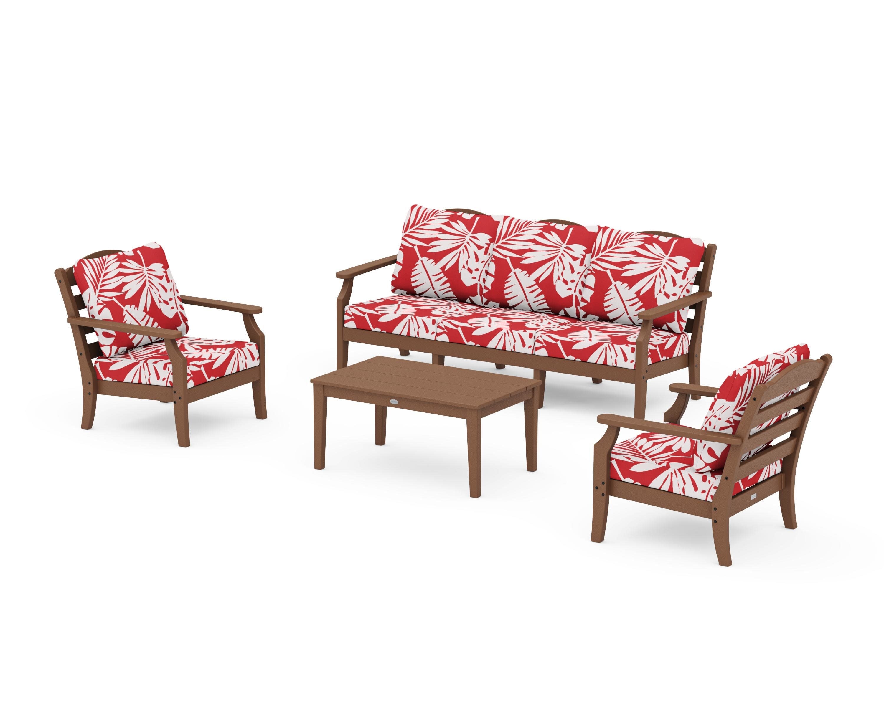 Savannah 4-Piece Deep Seating Set with Sofa in Teak / Leaf Crimson