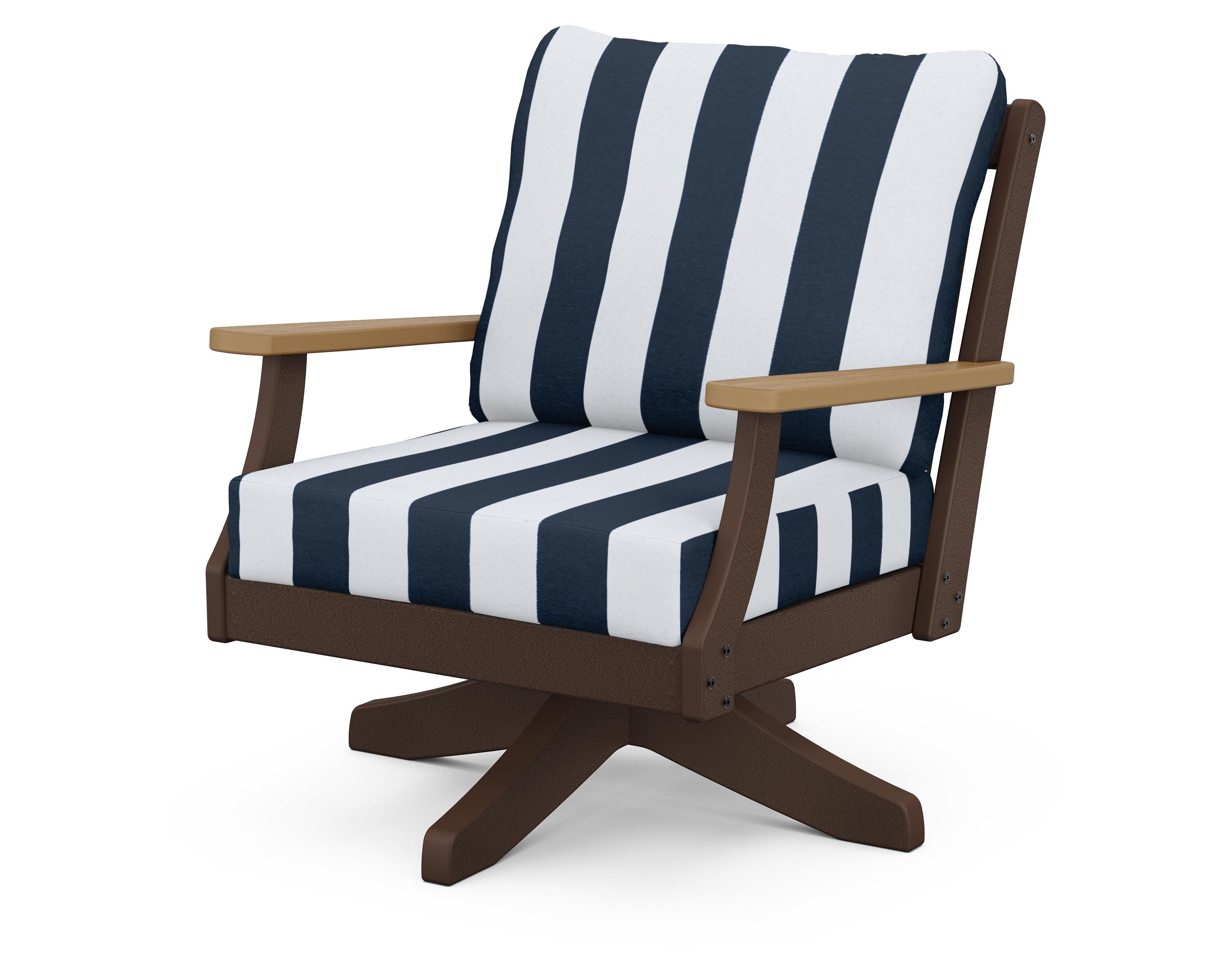 Braxton Deep Seating Swivel Chair in Mahogany / Natural / Cabana Stripe Marine Indigo