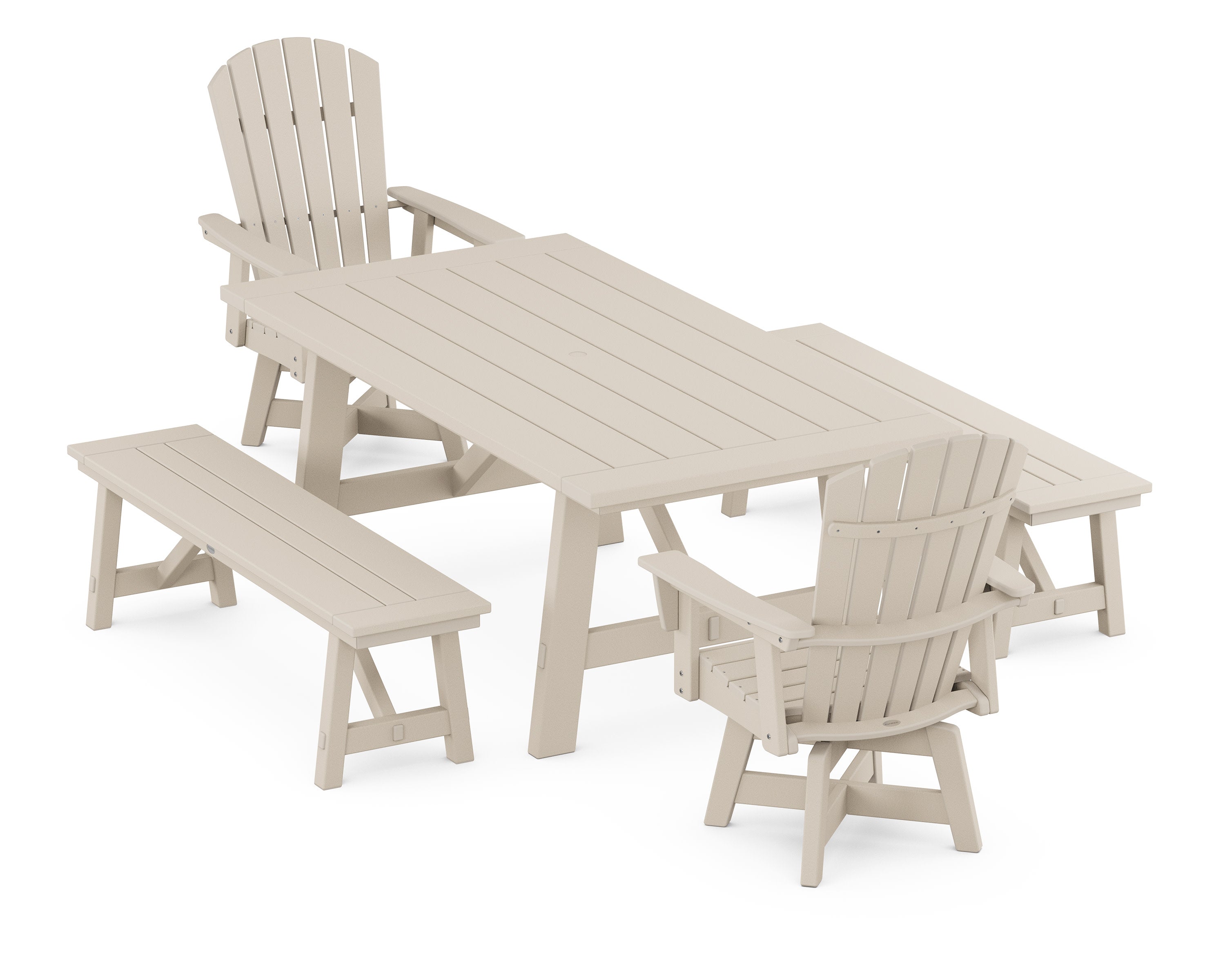 Nautical Curveback Adirondack Swivel Chair 5-Piece Rustic Farmhouse Dining Set With Benches in Sand
