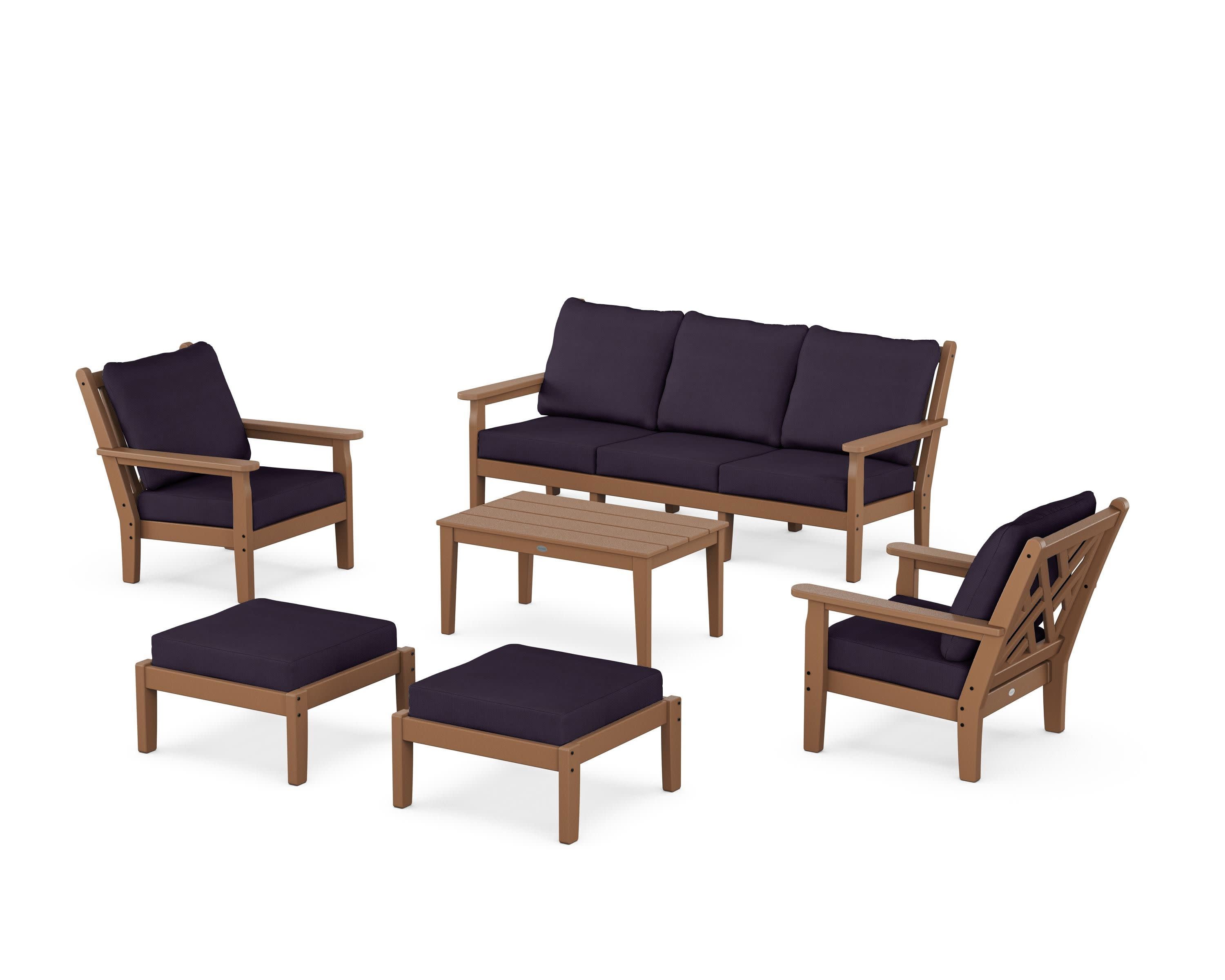 Chippendale 6-Piece Lounge Sofa Set in Teak / Navy Linen