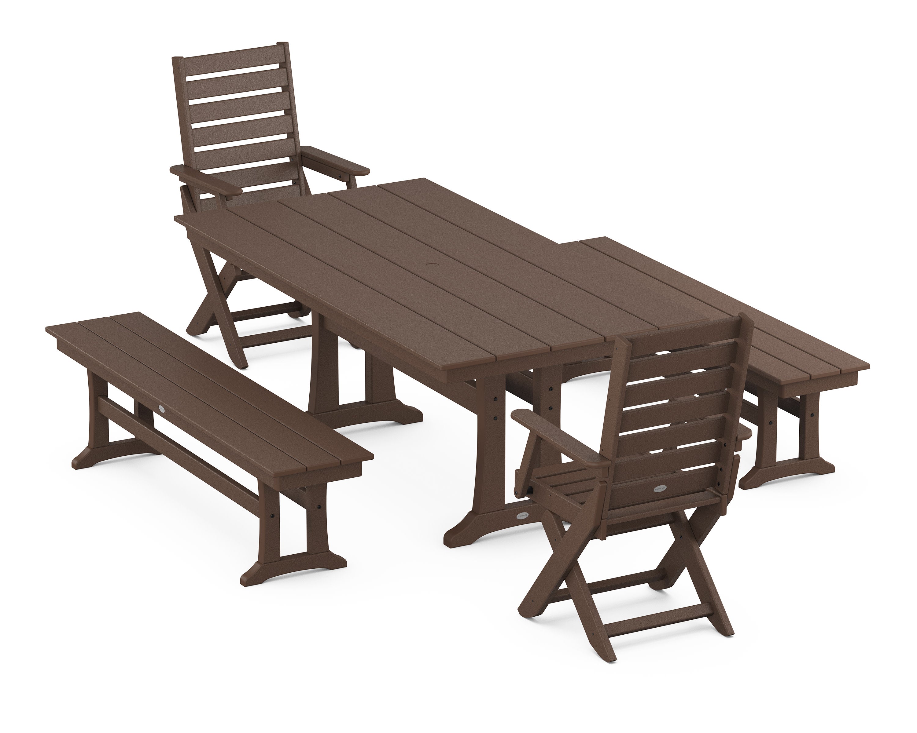 Captain Folding Chair 5-Piece Farmhouse Dining Set With Trestle Legs in Mahogany