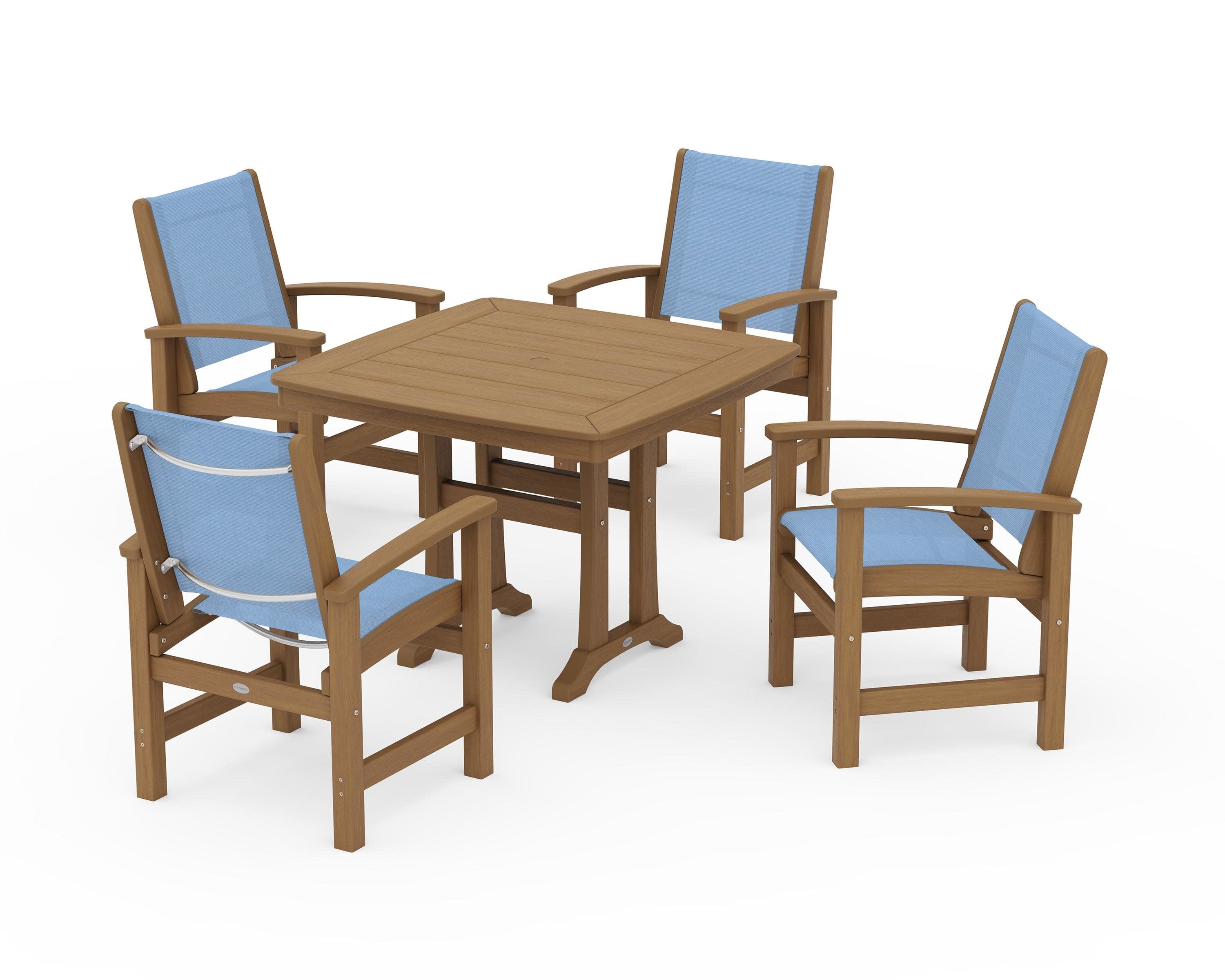 Coastal 5-Piece Dining Set with Trestle Legs in Natural / Poolside Sling