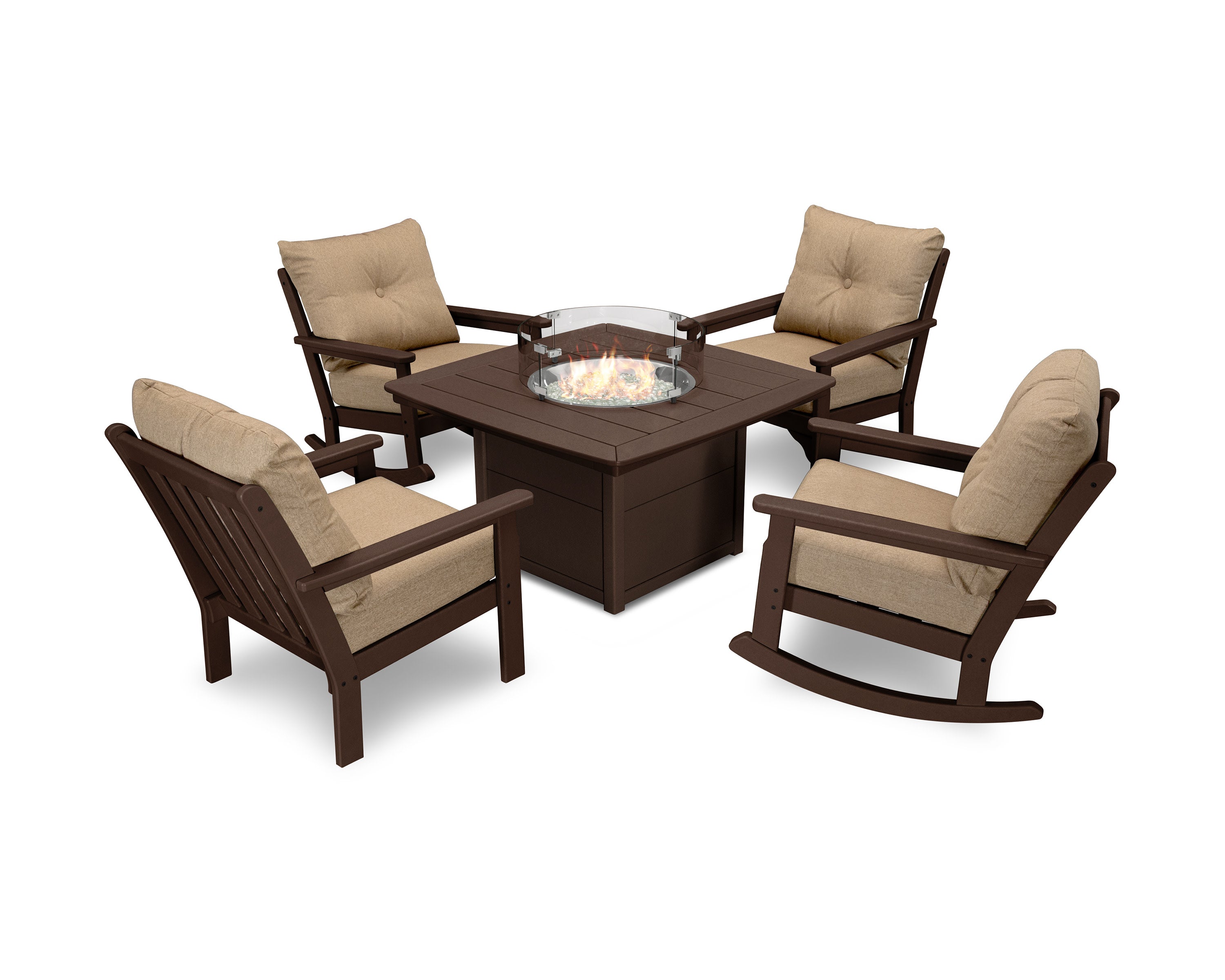 Vineyard 5-Piece Deep Seating Rocking Chair Conversation Set with Fire Pit Table in Mahogany / Sesame