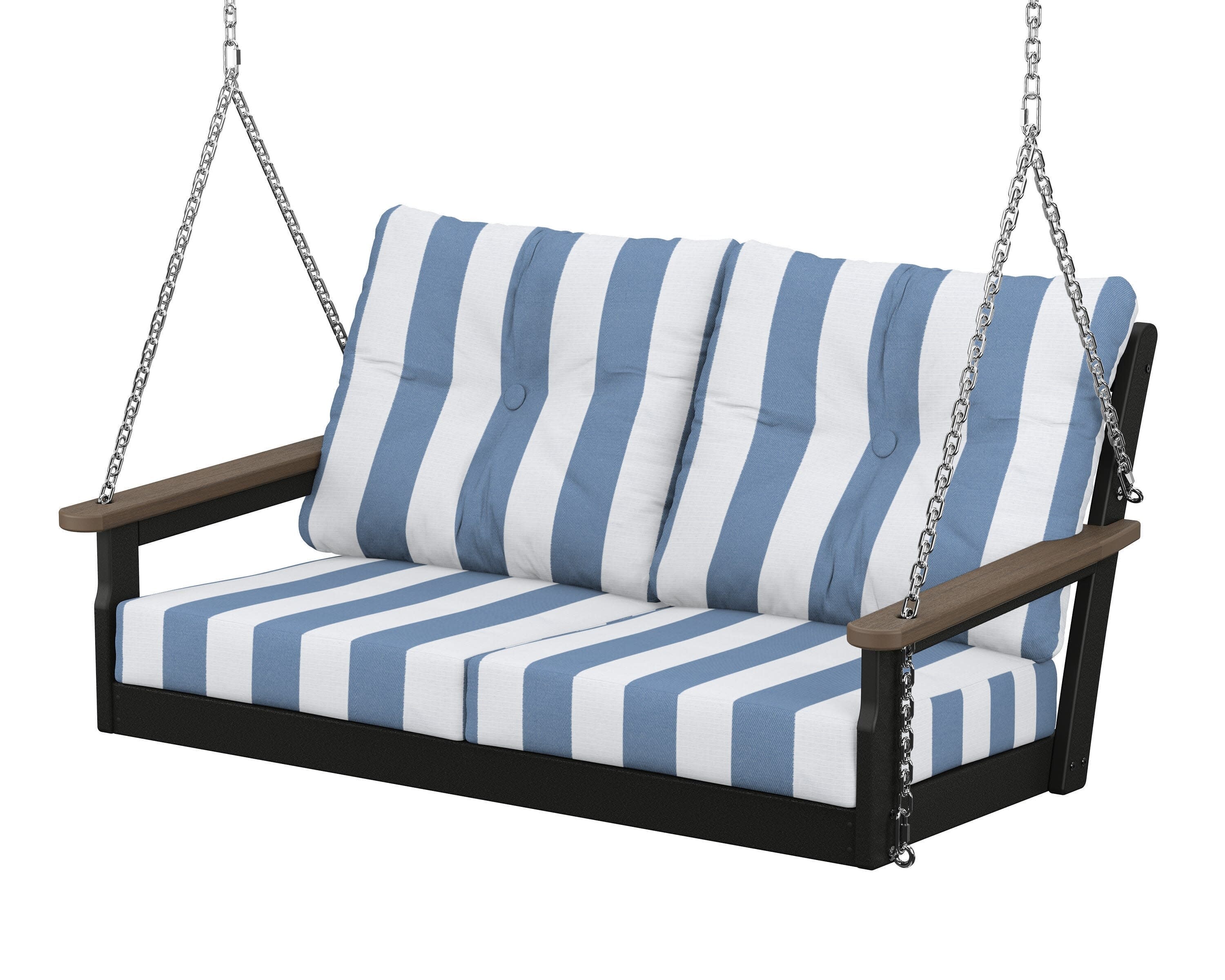 Vineyard Deep Seating Swing in Black / Kona / Cabana Stripe Sky Blue