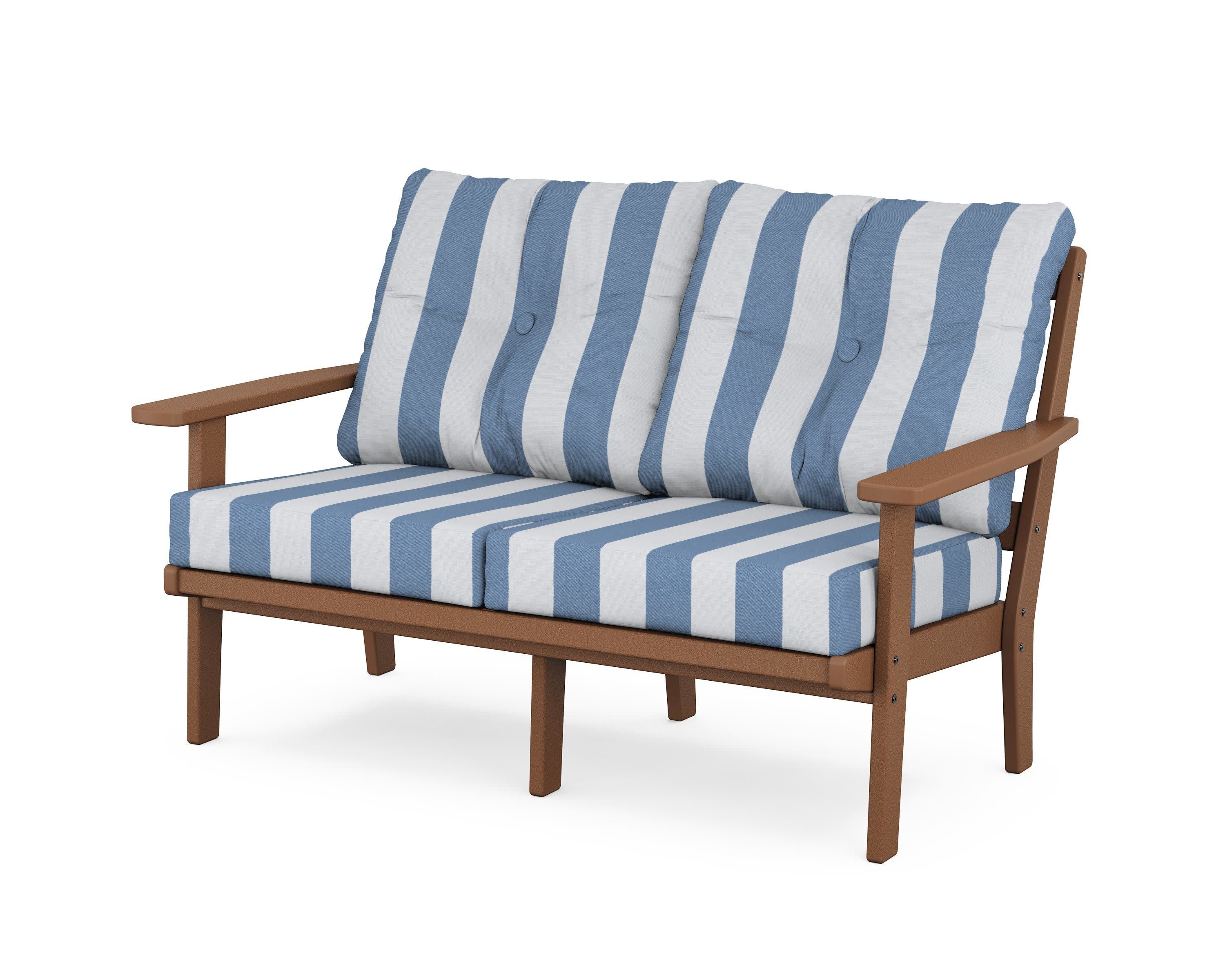 Prairie Deep SeatingLoveseat in Teak / Cabana Stripe Sky Blue