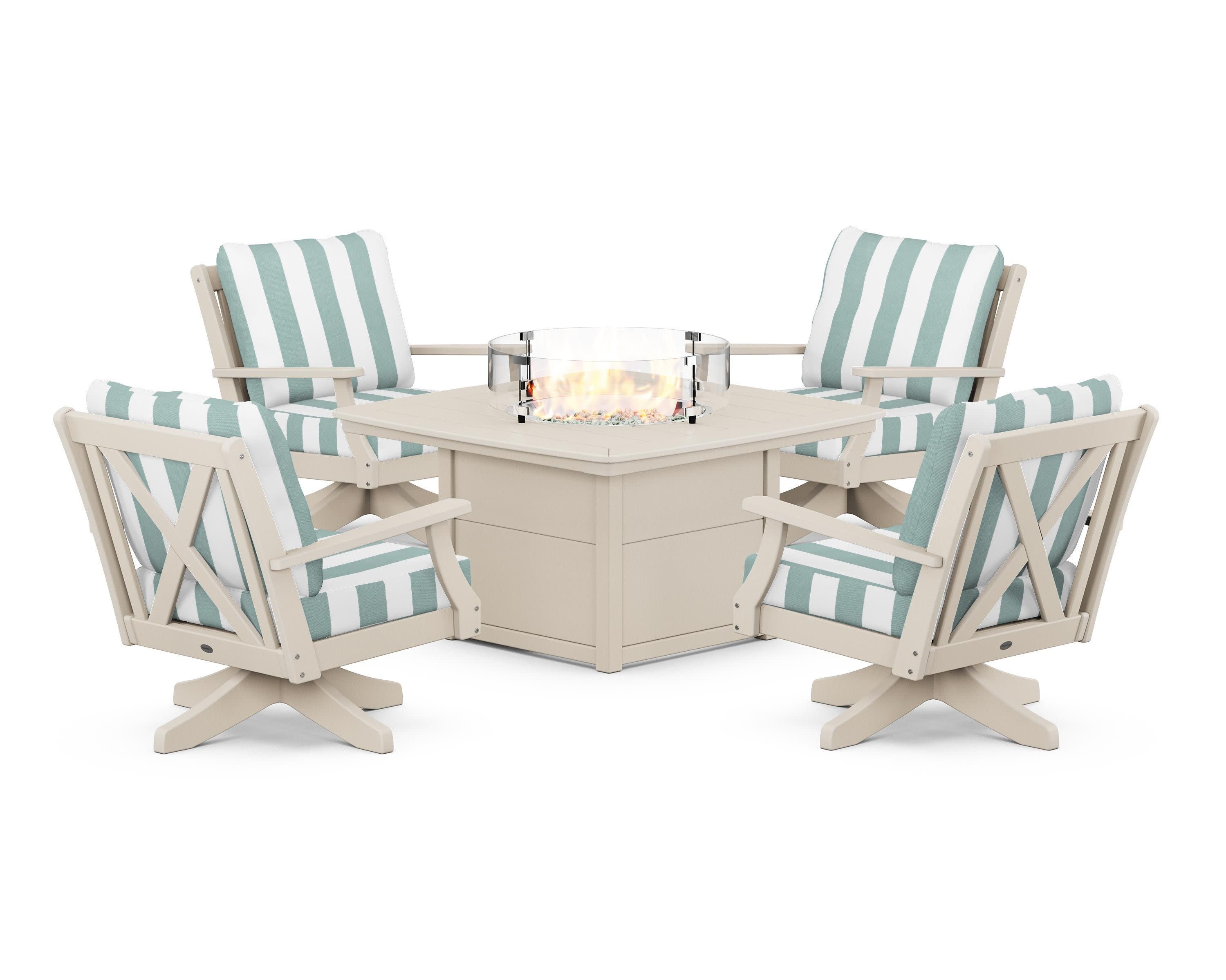 Braxton 5-Piece Deep Seating Swivel Conversation Set with Fire Pit Table in Sand / Cabana Stripe Glacier Spa