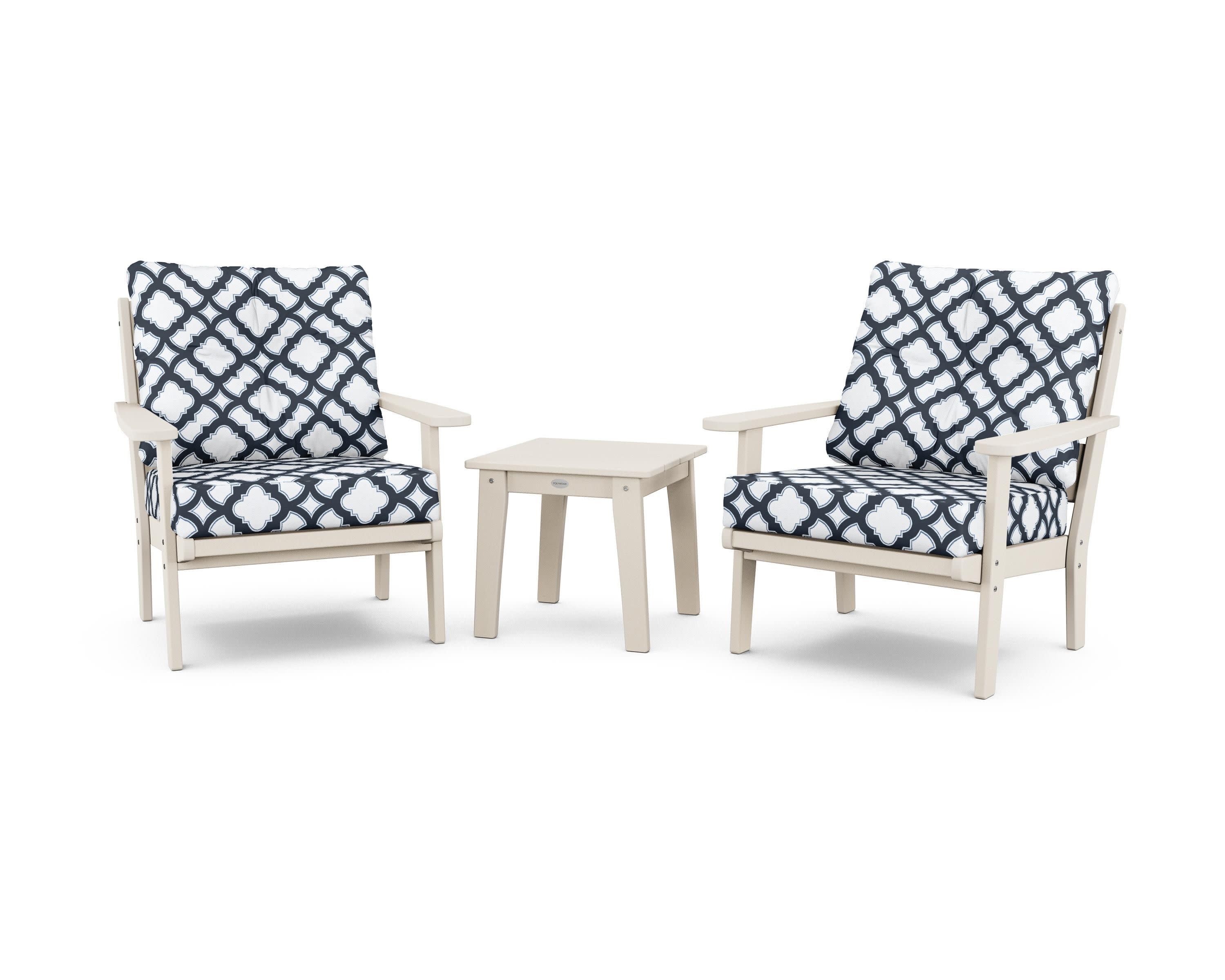 Lakeside 3-Piece Deep Seating Chair Set in Sand / Trellis Marine Indigo
