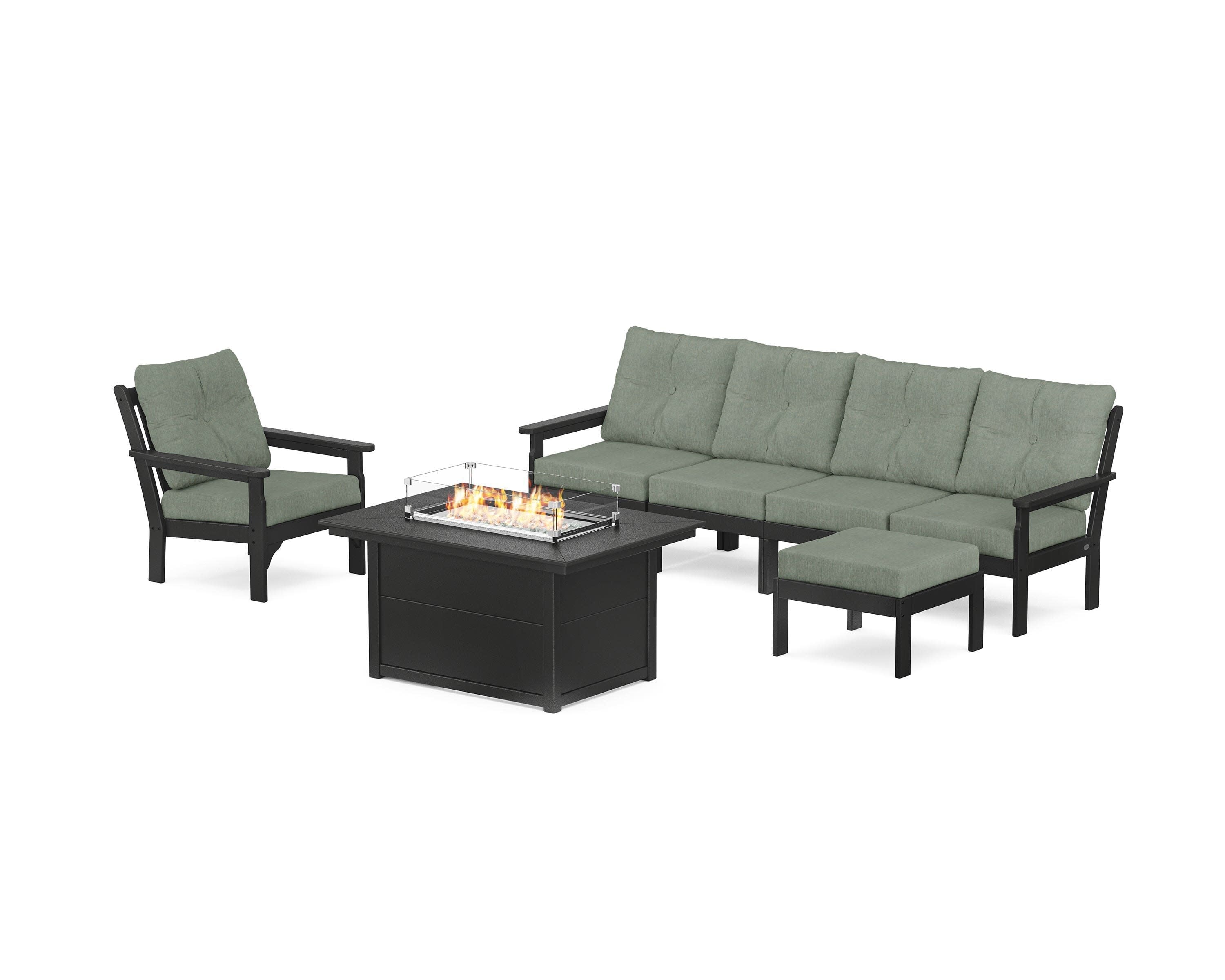 Vineyard Sectional Lounge and Fire Pit Set in Black / Cast Sage