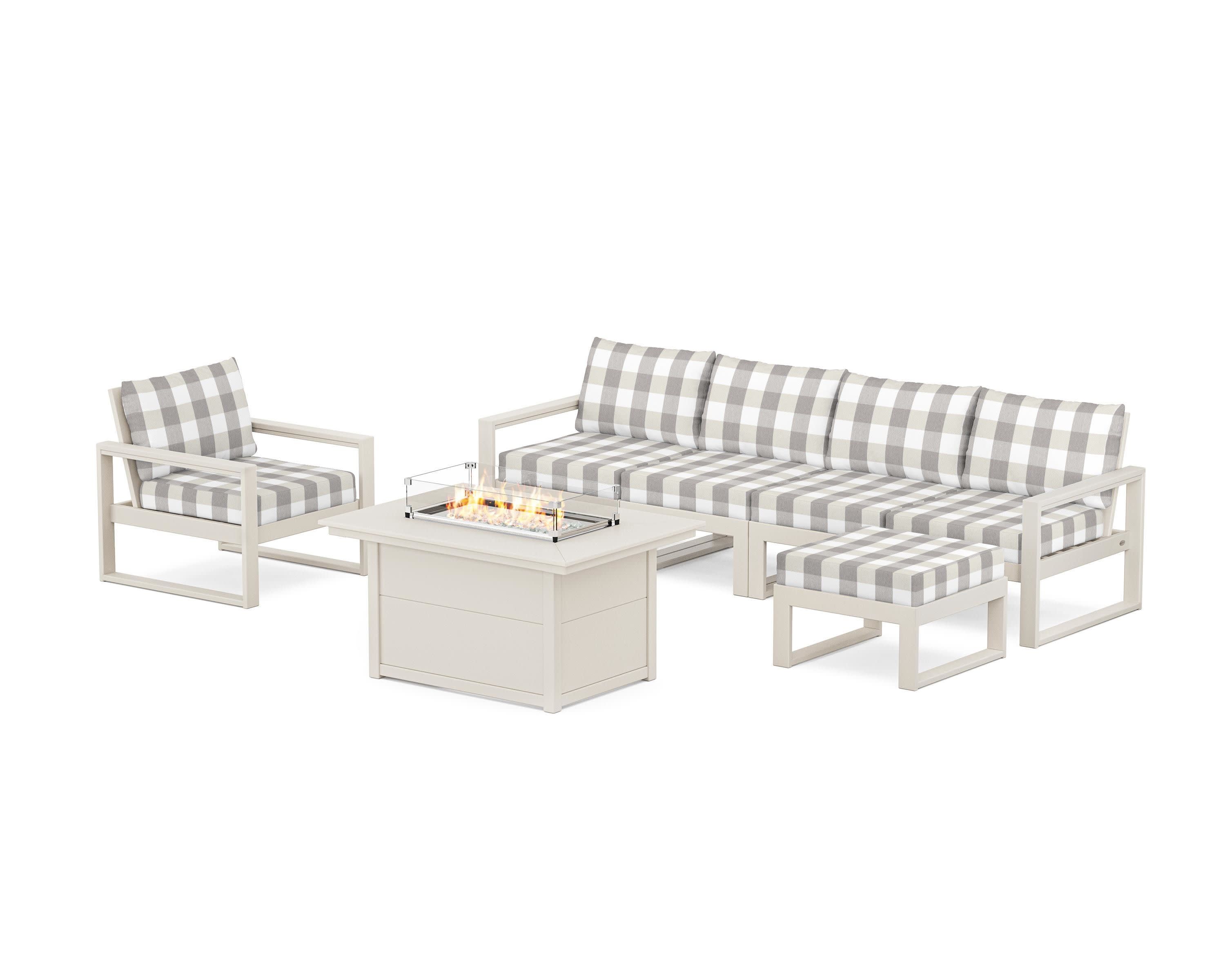 EDGE Sectional Lounge and Fire Pit Set in Sand / Buffalo Plaid Grey Mist