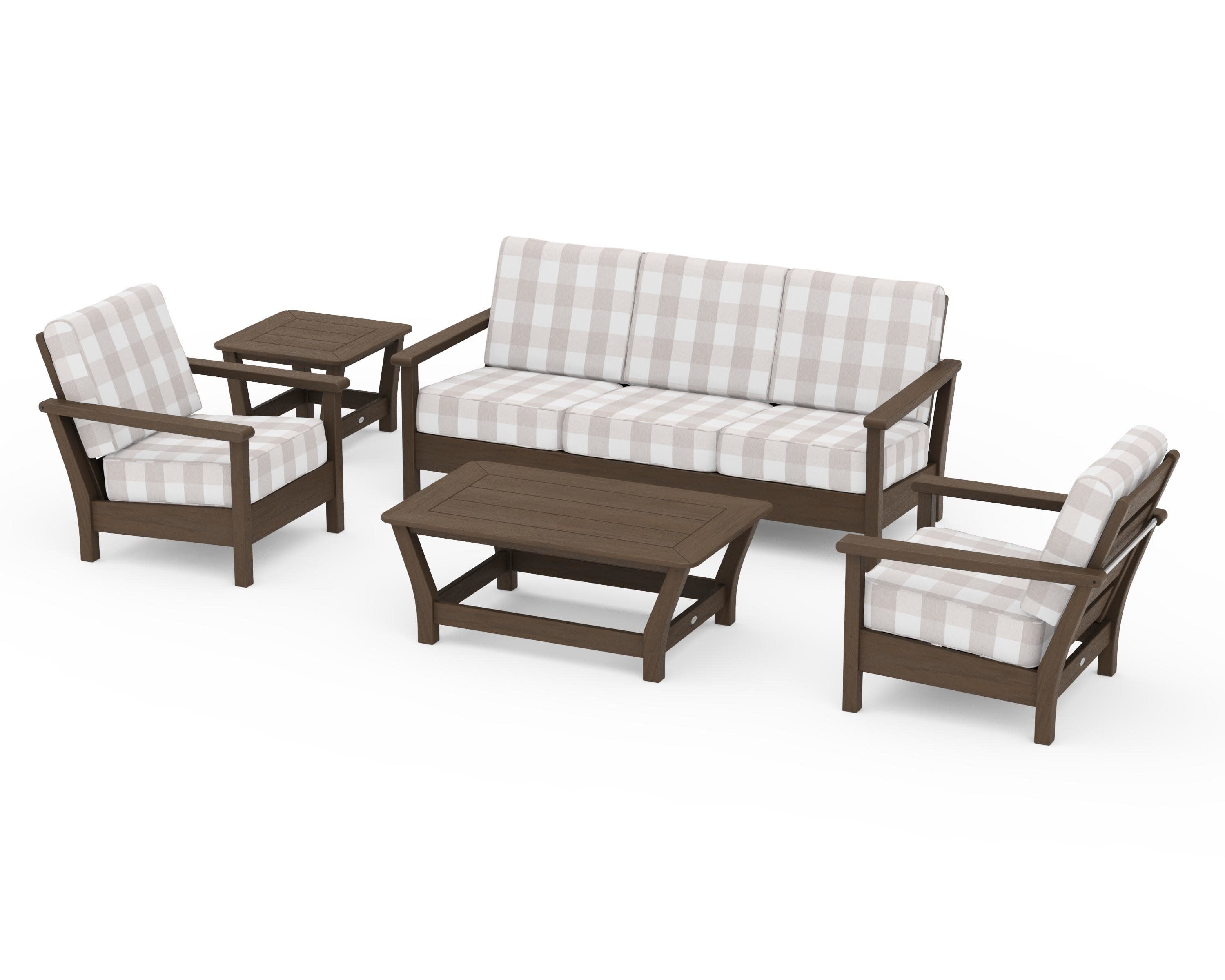 Harbour 5-Piece Deep Seating Set in Kona / Buffalo Plaid Dune Burlap