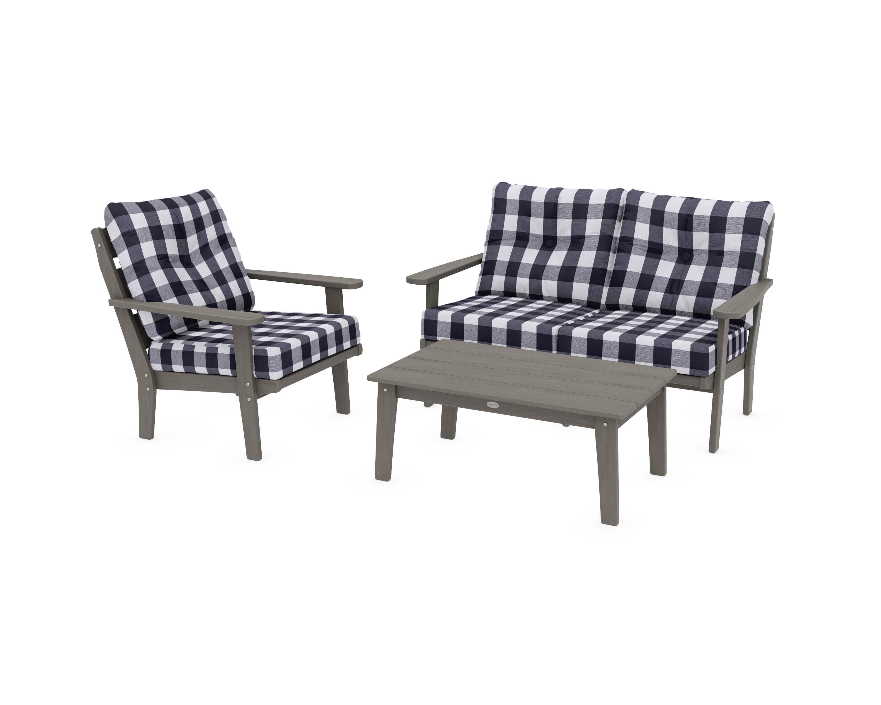 Lakeside 3-Piece Deep Seating Set in Driftwood / Buffalo Plaid Navy
