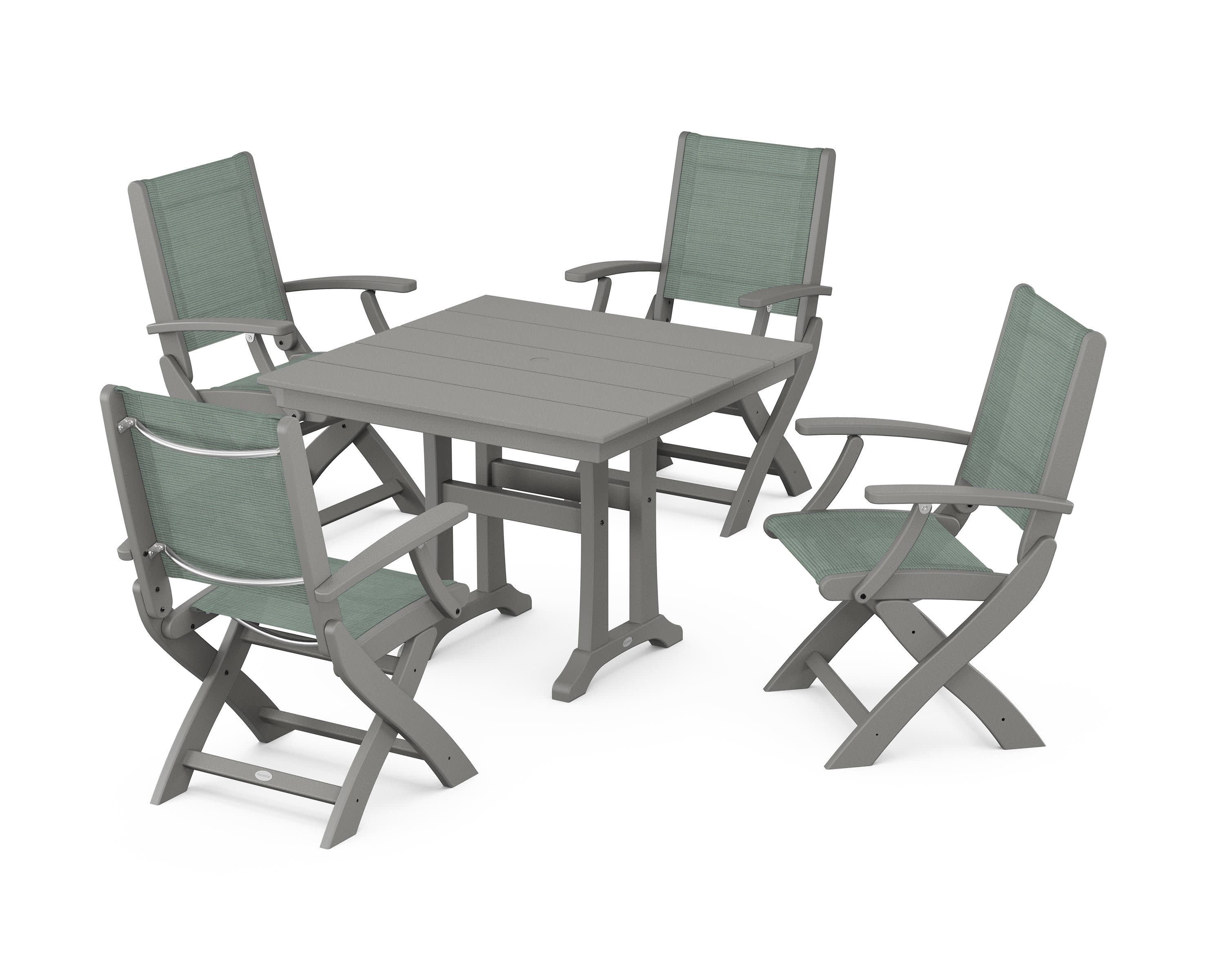 Coastal Folding Chair 5-Piece Farmhouse Dining Set With Trestle Legs in Slate Grey / Dupioni Sea Mist Sling