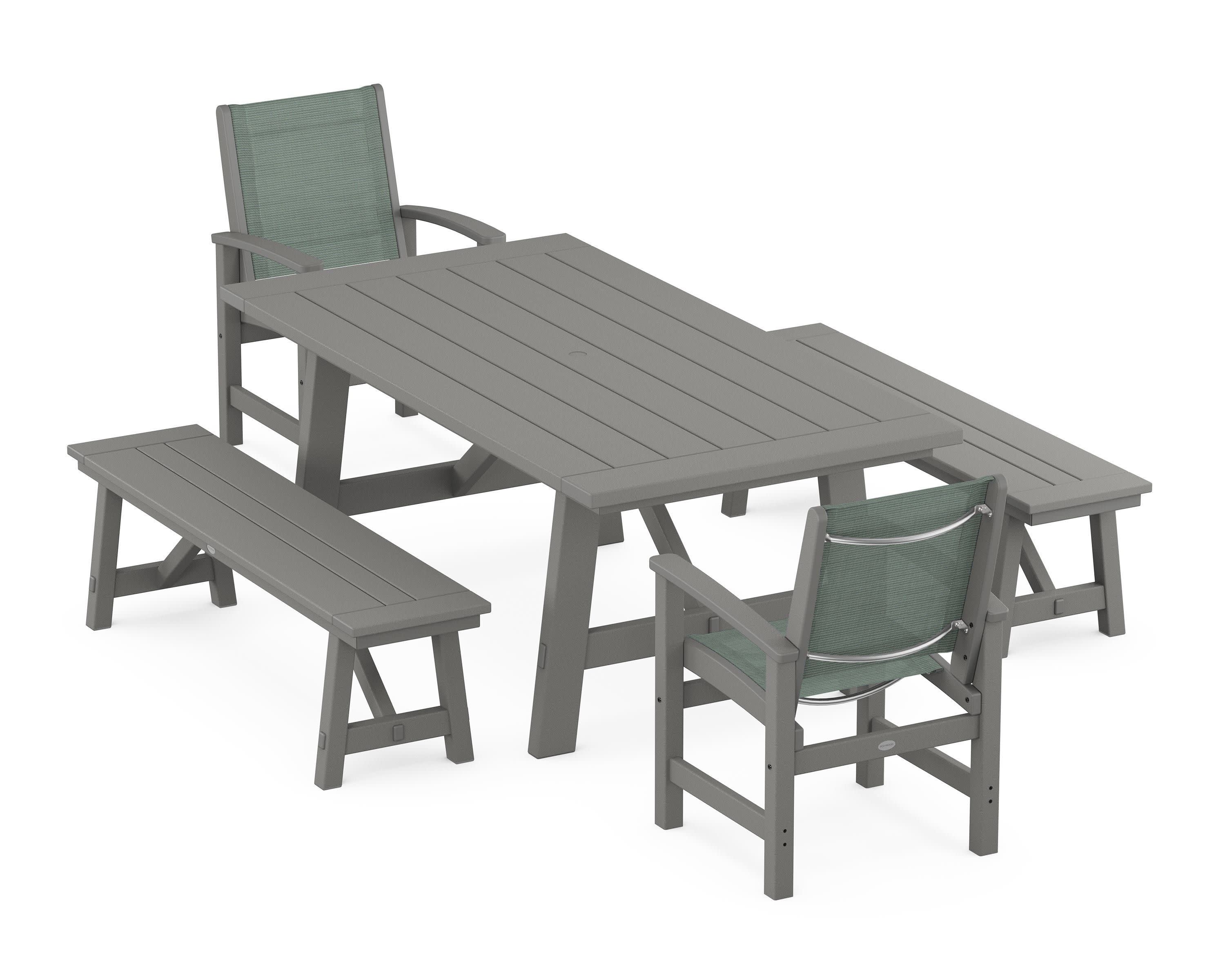 Coastal 5-Piece Rustic Farmhouse Dining Set With Benches in Slate Grey / Dupioni Sea Mist Sling