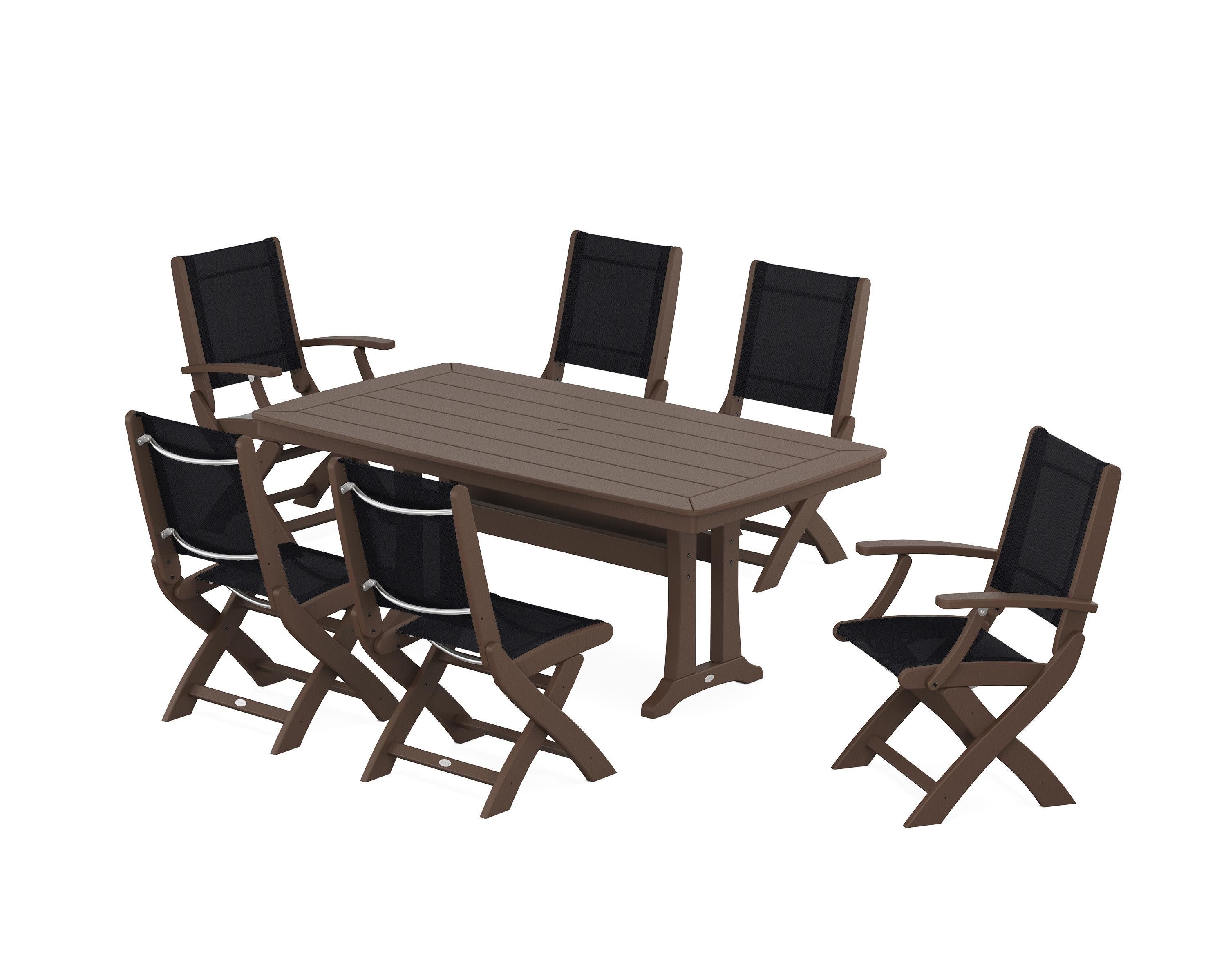 Coastal Folding Chair 7-Piece Dining Set with Trestle Legs in Mahogany / Black Sling