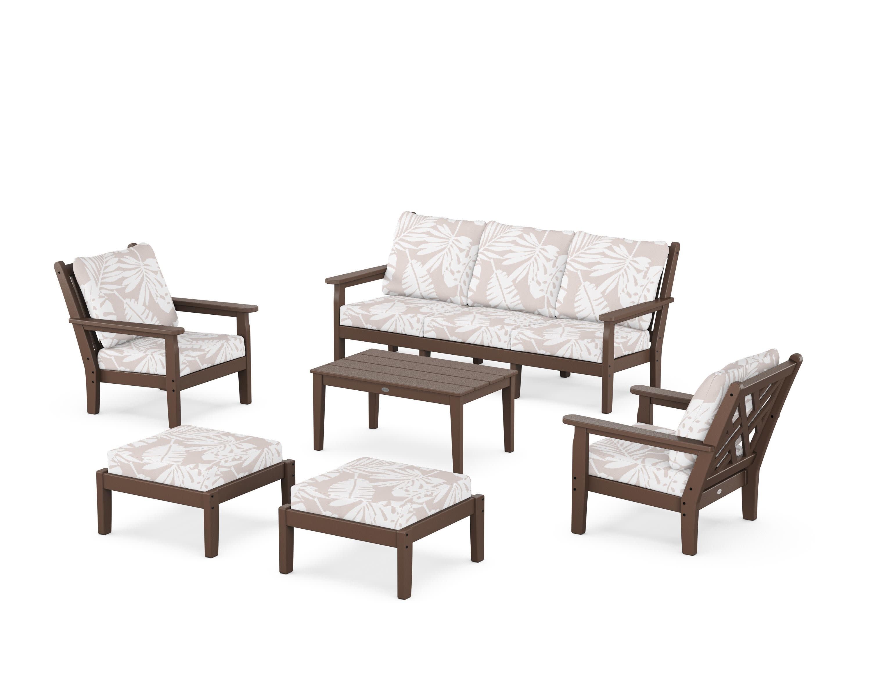 Chippendale 6-Piece Lounge Sofa Set in Mahogany / Leaf Dune Burlap