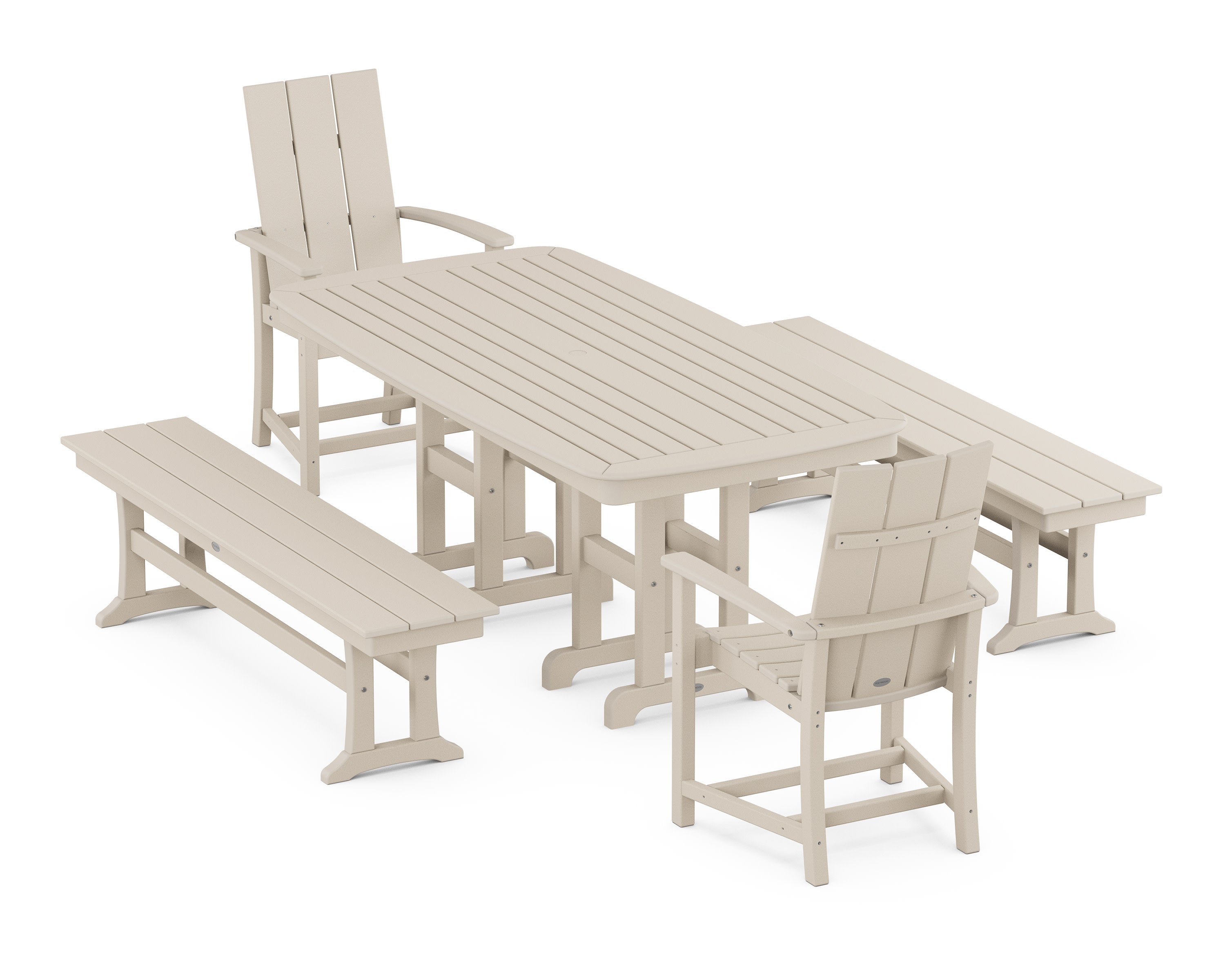 Modern Adirondack 5-Piece Farmhouse Dining Set with Benches in Sand