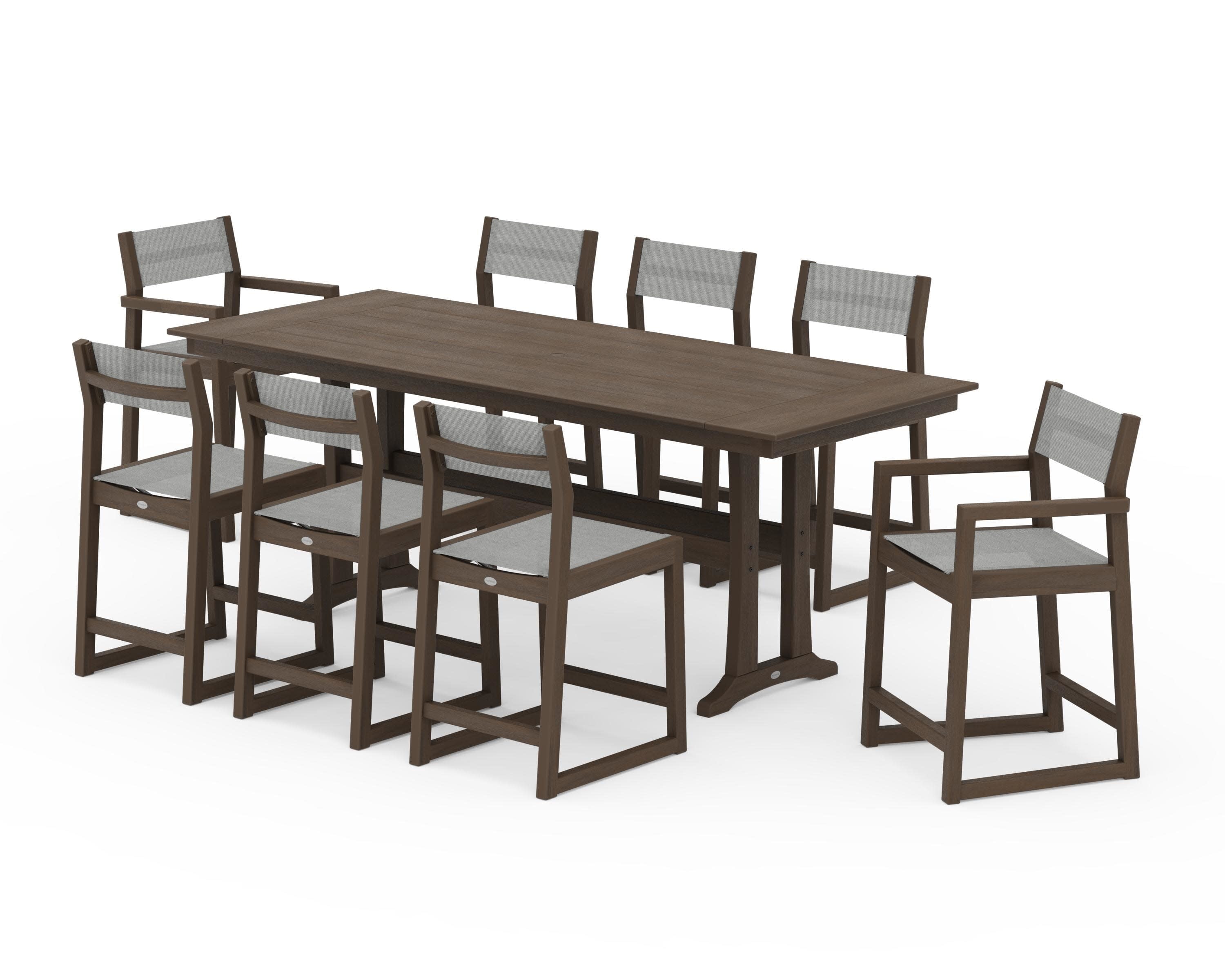 EDGE Sling 9-Piece Farmhouse Counter Set with Trestle Legs in Kona / Metallic Sling