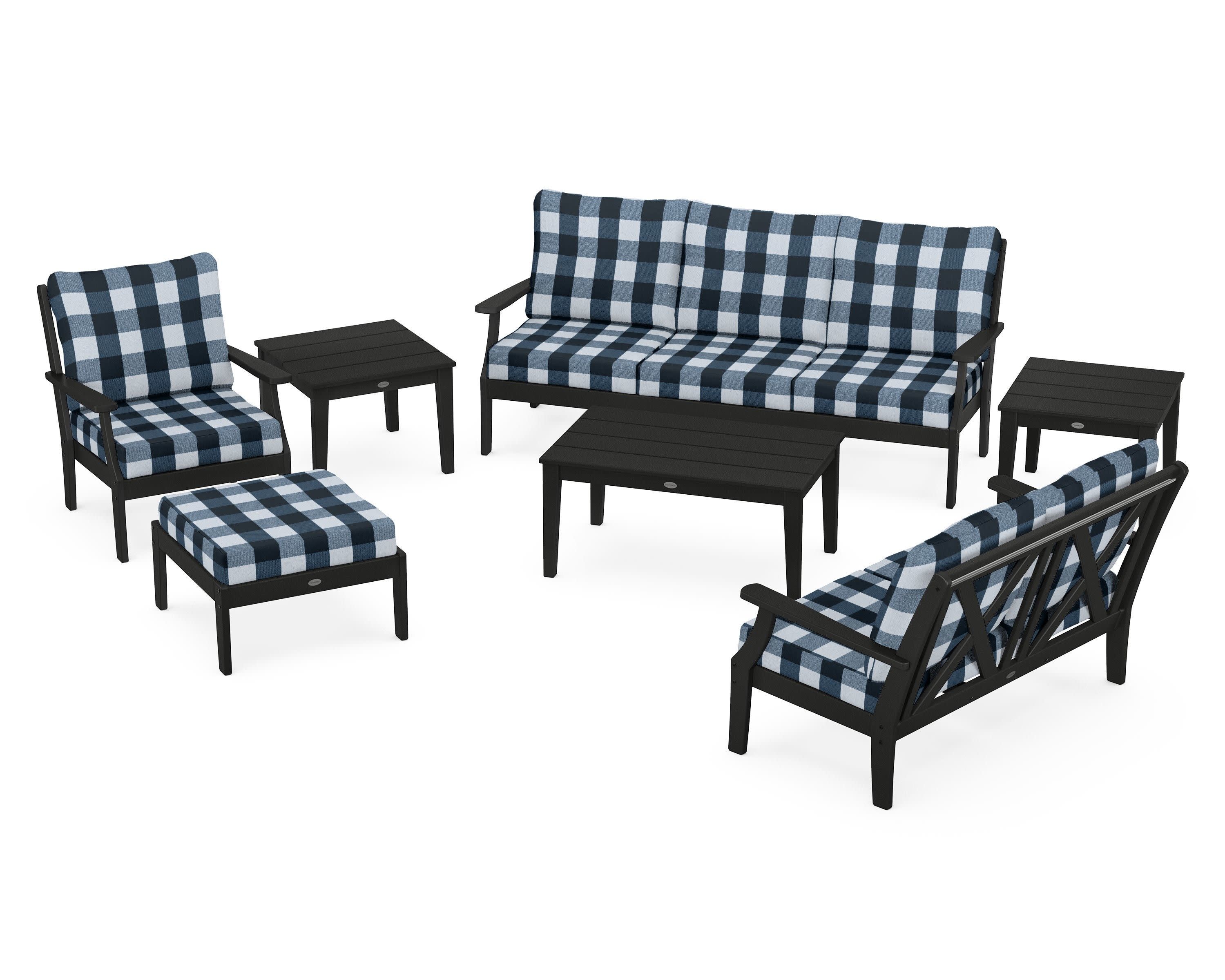 Braxton 7-Piece Deep Seating Set in Black / Buffalo Plaid Marine Indigo
